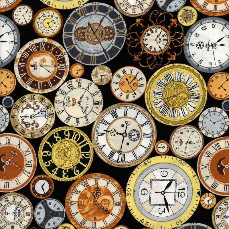 Nutex "Back in Time" - Patchwork and Quilting Fabric from Brown's Craft Shed (Tags: Fabric antique Back in Time clocks cream gold grey mechanical novelty Nutex steampunk time vintage )