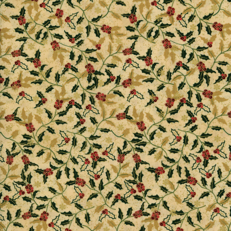 Stof Fabrics We Love Christmas 2025 - Holly Berry Vines - Patchwork and Quilting Fabric from Brown's Craft Shed (Tags: Fabric christmas festive gold green patterns plants red seasonal vines )