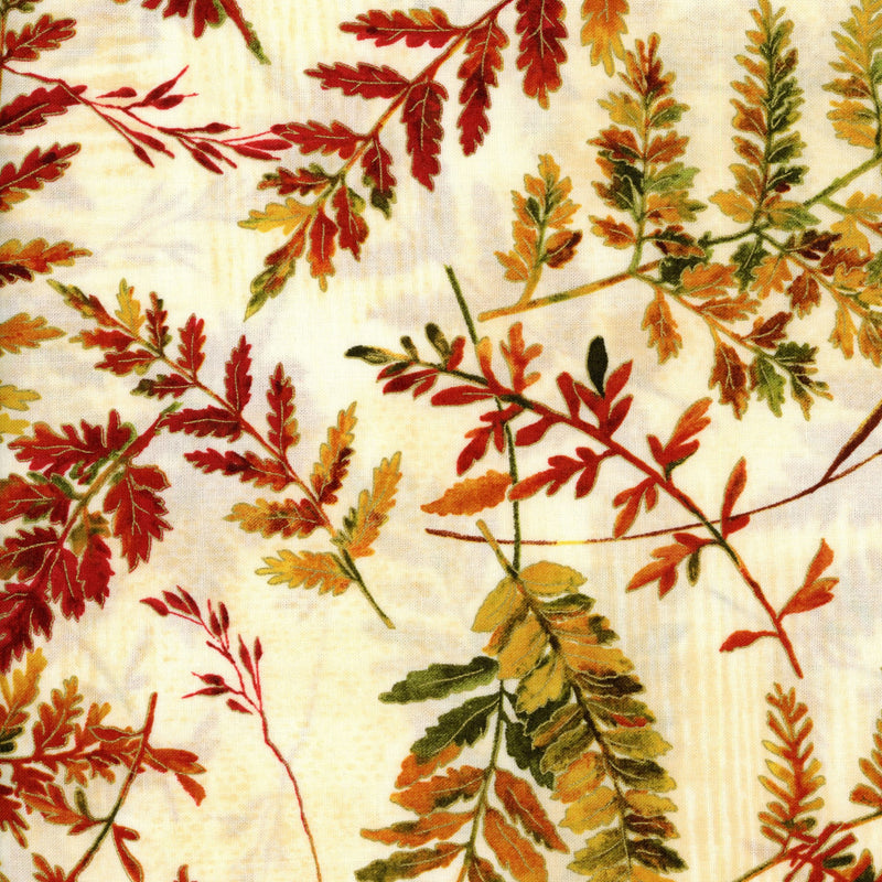 Fabri-Quilt - Autumn in the Forest (Fern/Met) - Patchwork and Quilting Fabric from Brown's Craft Shed (Tags: Fabric autumn Autumn in the Forest cream Fabri-Quilt fern Floral gold green metallic nature orange red seasonal )