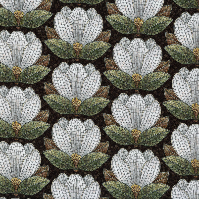 Northcott - Magnolia by Racquel Martindale - Black Multi - Patchwork and Quilting Fabric from Brown's Craft Shed (Tags: Fabric Floral flowers gold green Magnolia mosaic nature Northcott patterns Racquel Martindale stained glass white )