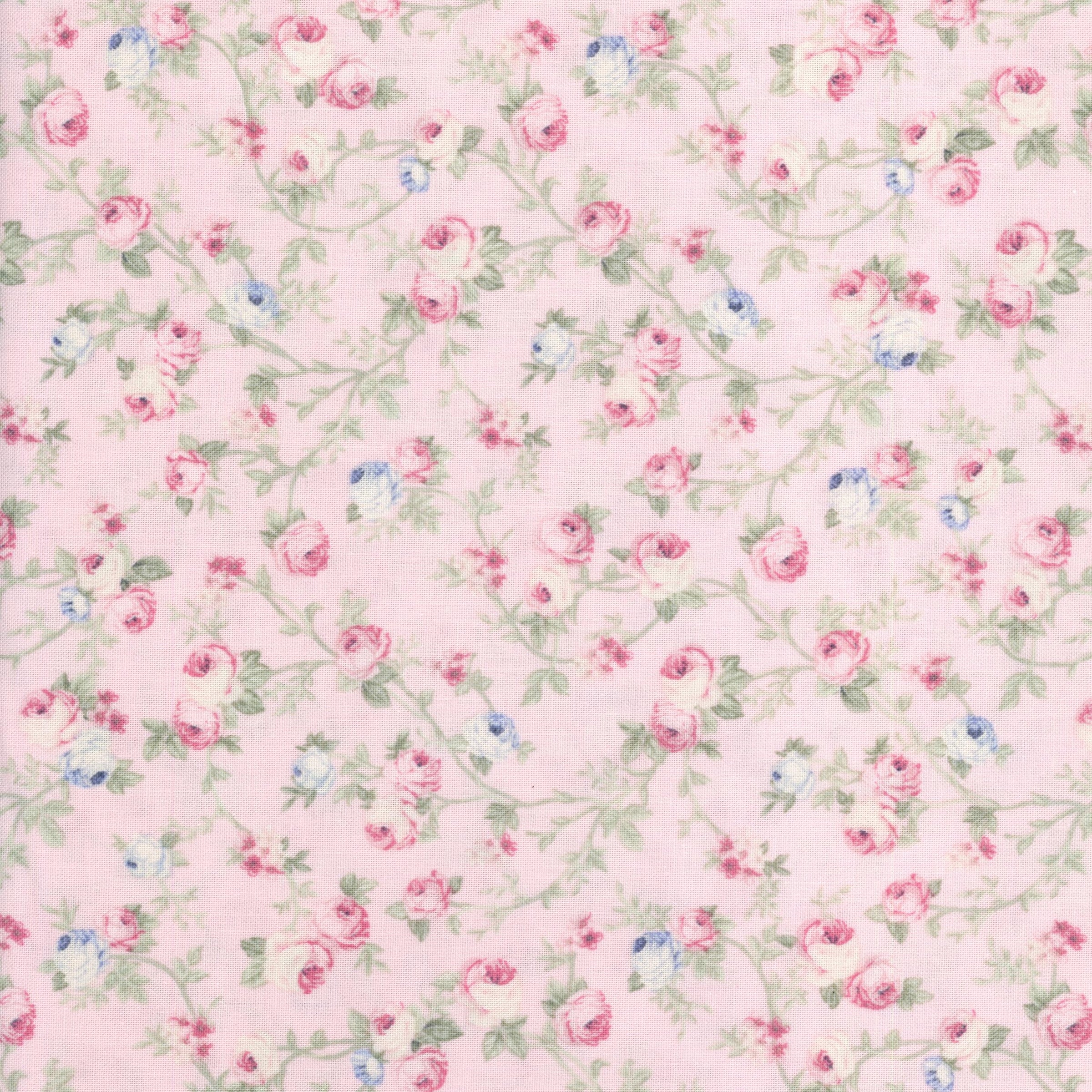 Paintbrush Studio Spring Romance - Tossed Rose (Pink) - Patchwork and Quilting Fabric from Brown's Craft Shed (Tags: Fabric blenders blue cottagecore feminine garden green Paintbrush Studio pastel patterns pink roses Spring Romance vintage )