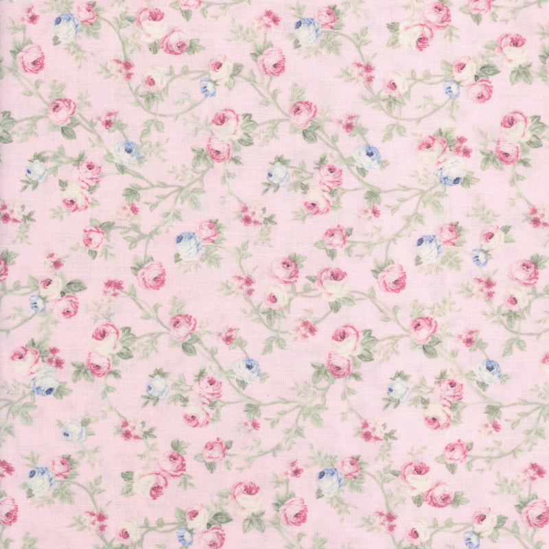 Paintbrush Studio Spring Romance - Tossed Rose (Pink) - Patchwork and Quilting Fabric from Brown's Craft Shed (Tags: Fabric blenders blue cottagecore feminine garden green Paintbrush Studio pastel patterns pink roses Spring Romance vintage )