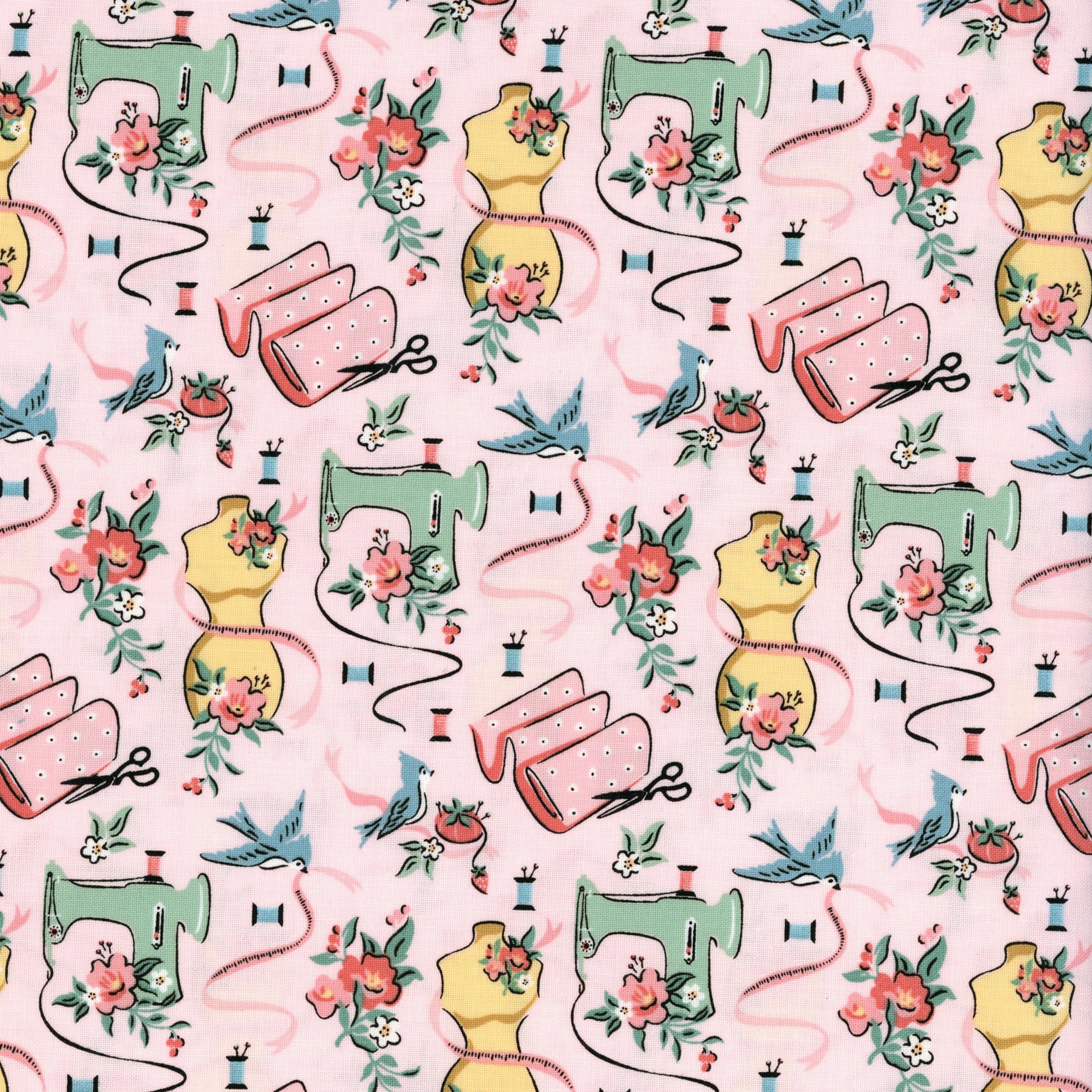 Melbourne Fabric - Granny's Sewing Room by Poppie Cotton (Sewing Notions) - Patchwork and Quilting Fabric from Brown's Craft Shed (Tags: Fabric birds dress forms Granny's Sewing Room novelty pastel patterns pink playful Poppie Cotton scissors sewing machines sewing theme whimsical )