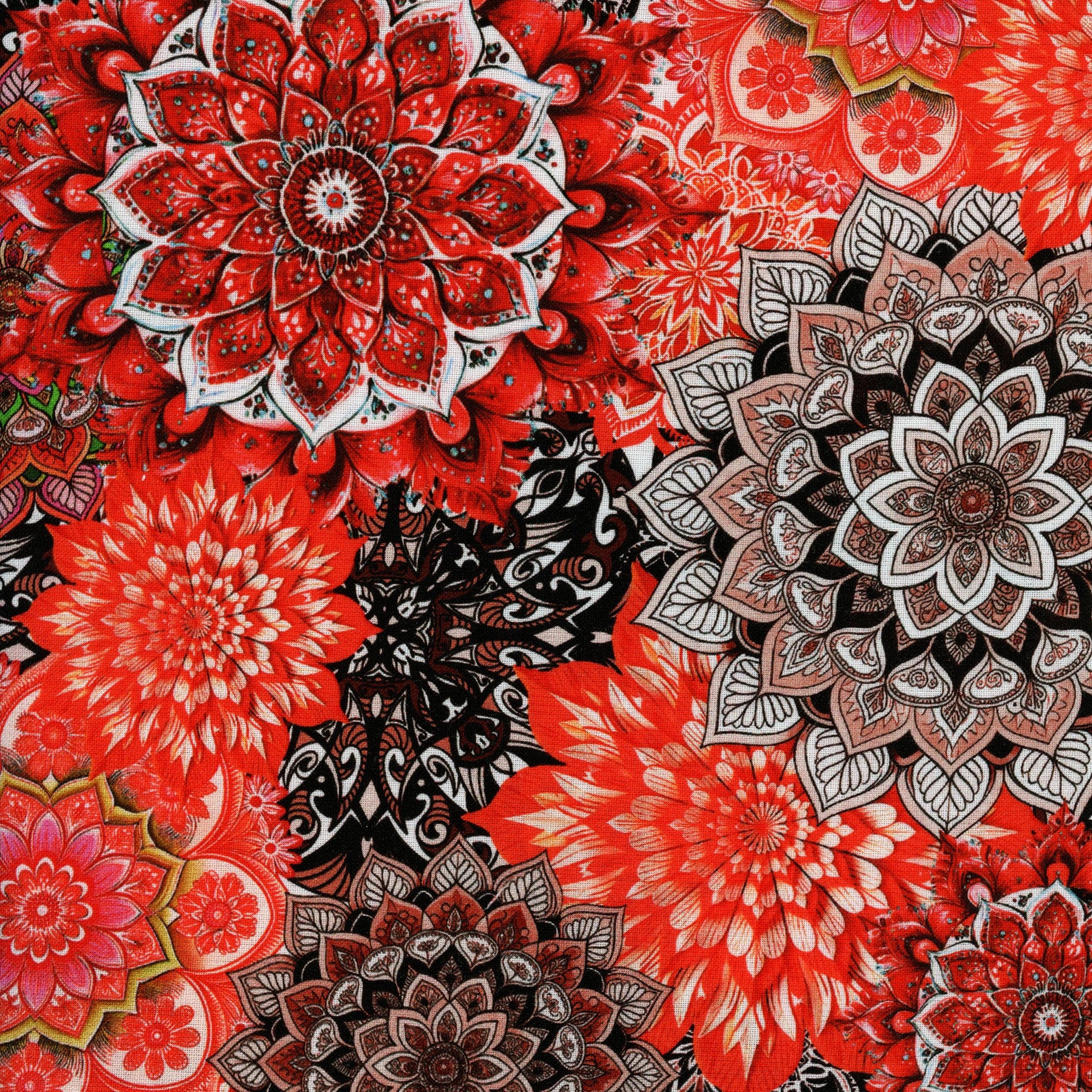 Kennard & Kennard Fabrics Lush Petals Wide (Red/Black) - Patchwork and Quilting Fabric from Brown's Craft Shed (Tags: Fabric 2.7m wide backing bold Kennard & Kennard Lush Petals mandala multi nature patterns quilt back red statement print wide back wideback )
