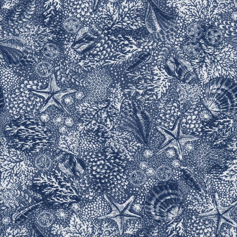 Makower The Henley Studio High Tide Reef - Patchwork and Quilting Fabric from Brown's Craft Shed (Tags: Fabric beach blue coastal coral nature navy ocean seaside shells starfish summer water wildlife )