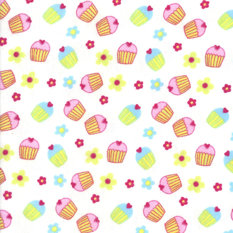 Kennard & Kennard Cupcake Flannelette - Patchwork and Quilting Fabric from Brown's Craft Shed (Tags: Fabric blue cupcakes flannelette flowers green hearts Kennard & Kennard novelty pink playful white )