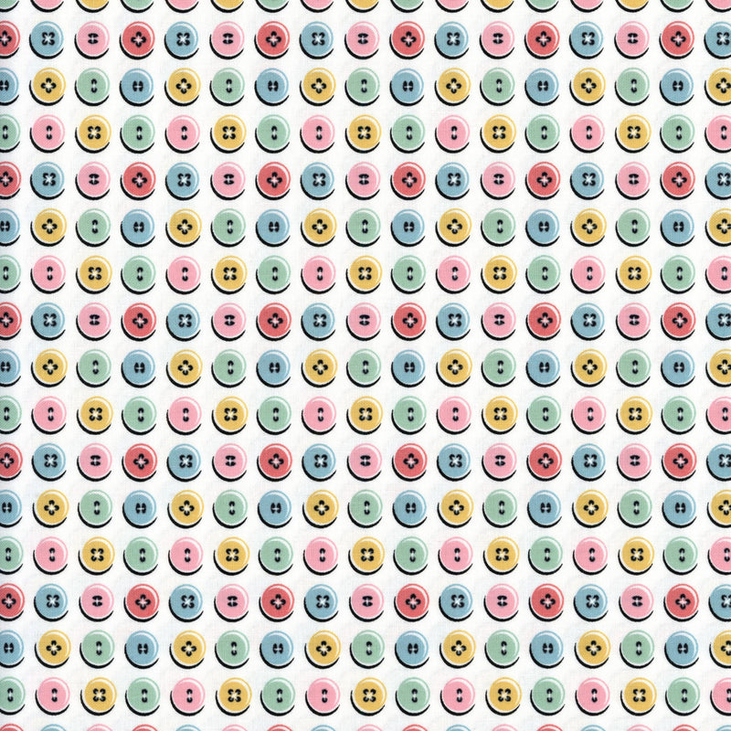 Melbourne Fabric - Granny's Sewing Room by Poppie Cotton (Buttons) - Patchwork and Quilting Fabric from Brown's Craft Shed (Tags: Fabric blue buttons Granny's Sewing Room green novelty pastel patterns pink playful Poppie Cotton sewing theme whimsical white )