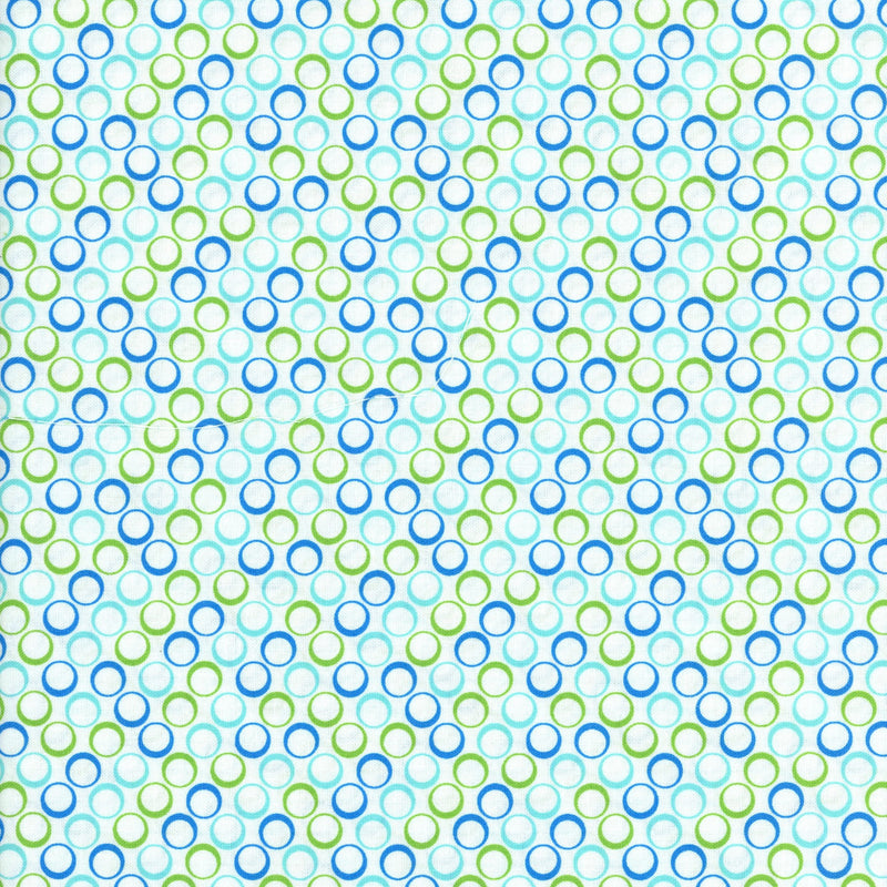 Moda Fabrics Rainy Day - Aqua Lime Bubble Dots - Patchwork and Quilting Fabric from Brown's Craft Shed (Tags: Fabric aqua blender blue bubbles children green Moda Fabrics playful polka dots Rainy Day Spots water white )