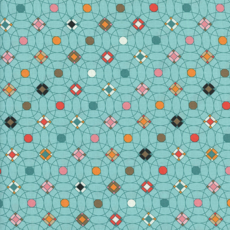 Moda Sunday Brunch (Aqua) - Patchwork and Quilting Fabric from Brown's Craft Shed (Tags: Fabric aqua blenders circles Geometric lattice Moda modern orange patchwork pink playful quilting red Retro Aqua Lattice Sunday Brunch teal white )