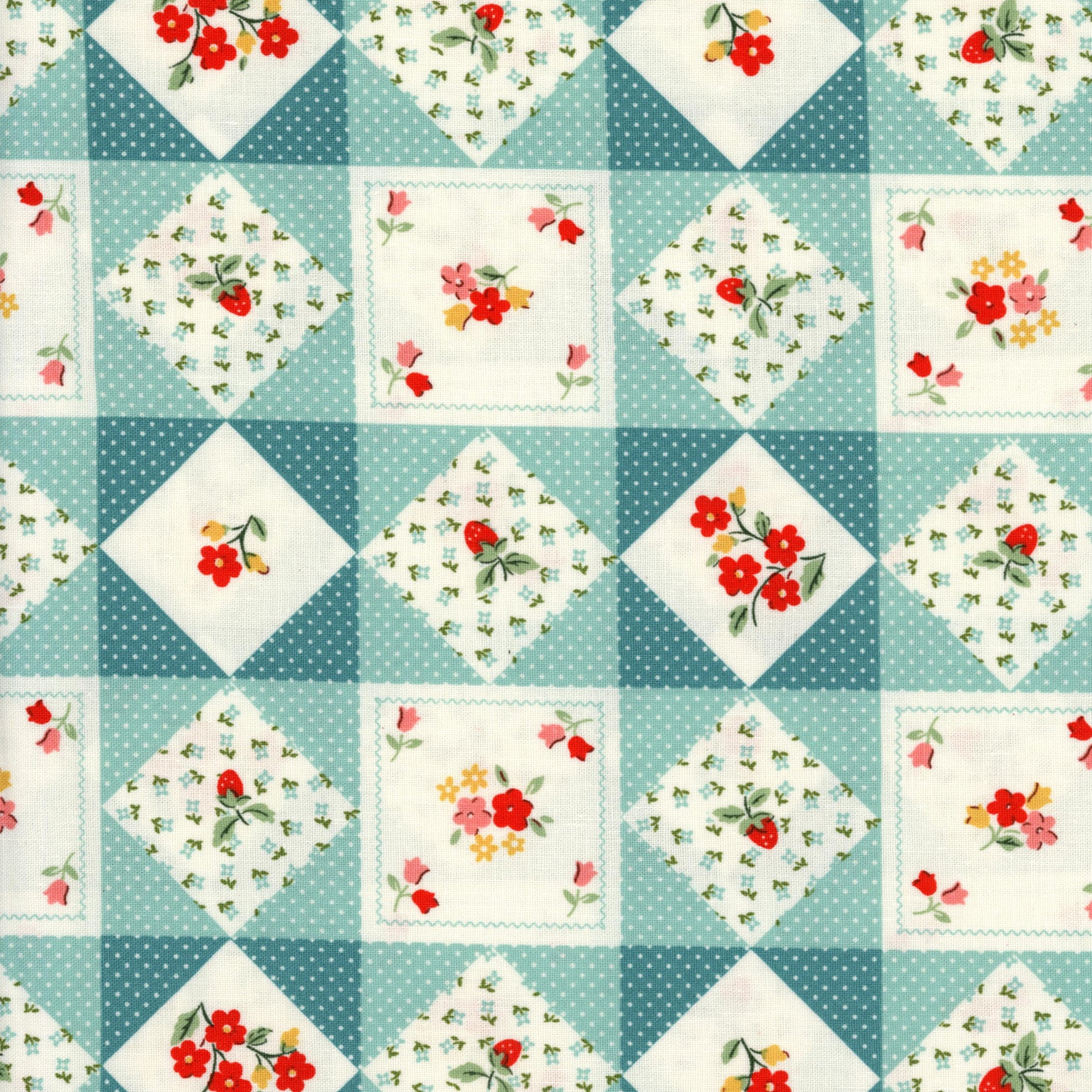 Poppie Cotton - Farmhouse Fancy Farm Quilts by Elea Lutz - Patchwork and Quilting Fabric from Brown's Craft Shed (Tags: Fabric aqua cottage Elea Lutz Farmhouse Fancy Floral patchwork Poppie Cotton red strawberries teal vintage whimsical )