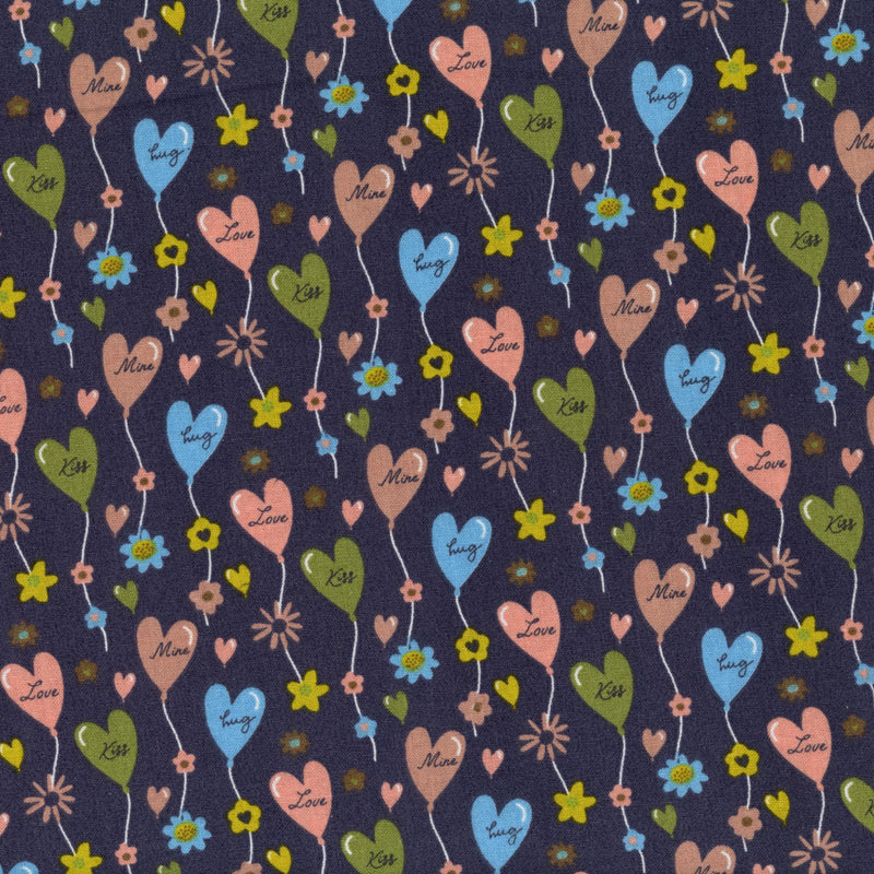 Birch - Hearts & Flowers Fabric - Patchwork and Quilting Fabric from Brown's Craft Shed (Tags: Fabric Birch blue flowers green hearts hug kiss love mine navy pink playful romantic valentine’s day whimsical )