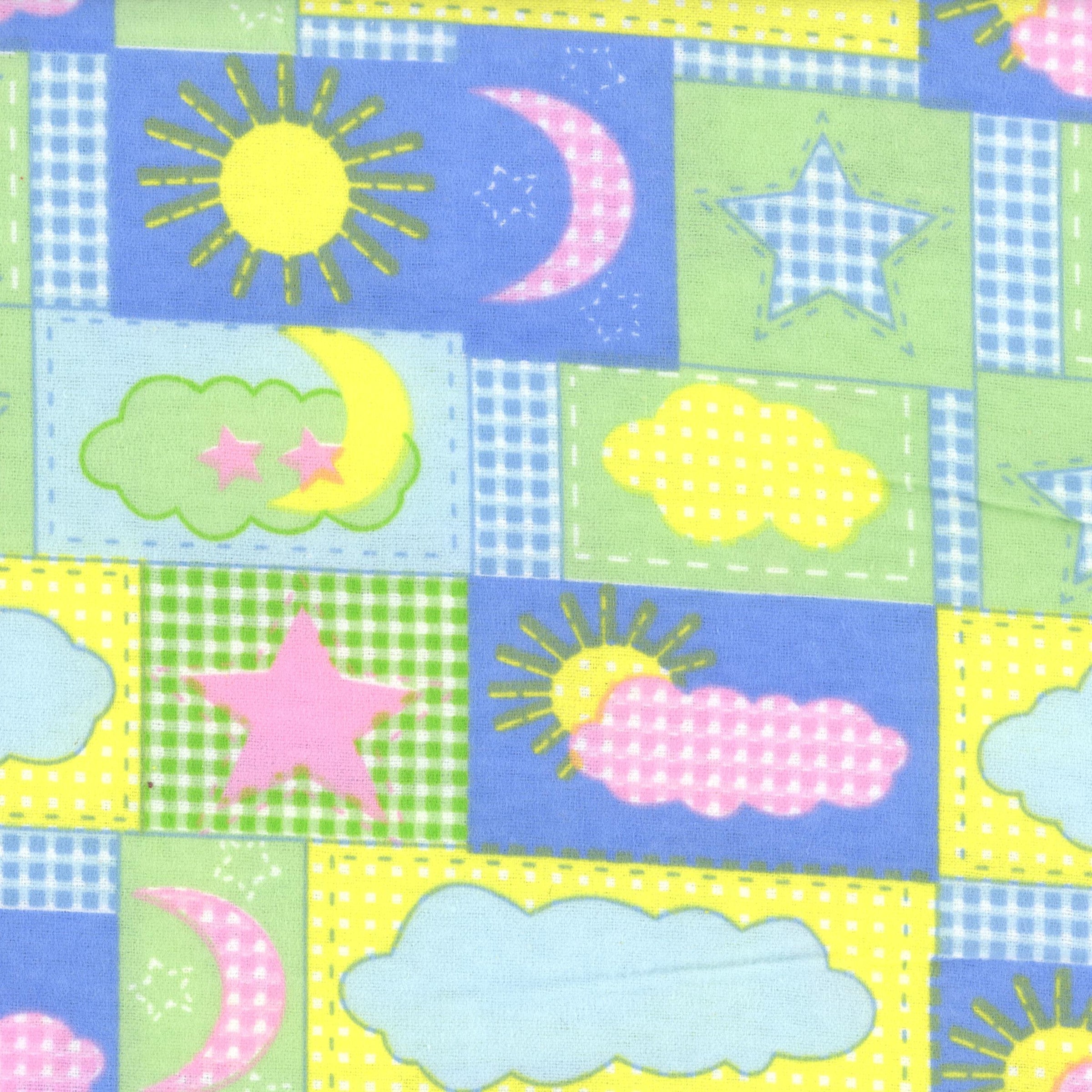 Pastel Patchwork Sky Flannelette - Patchwork and Quilting Fabric from Brown's Craft Shed (Tags: Fabric baby blue children clouds flannelette green moon nursery pastel patchwork pink sun whimsical )