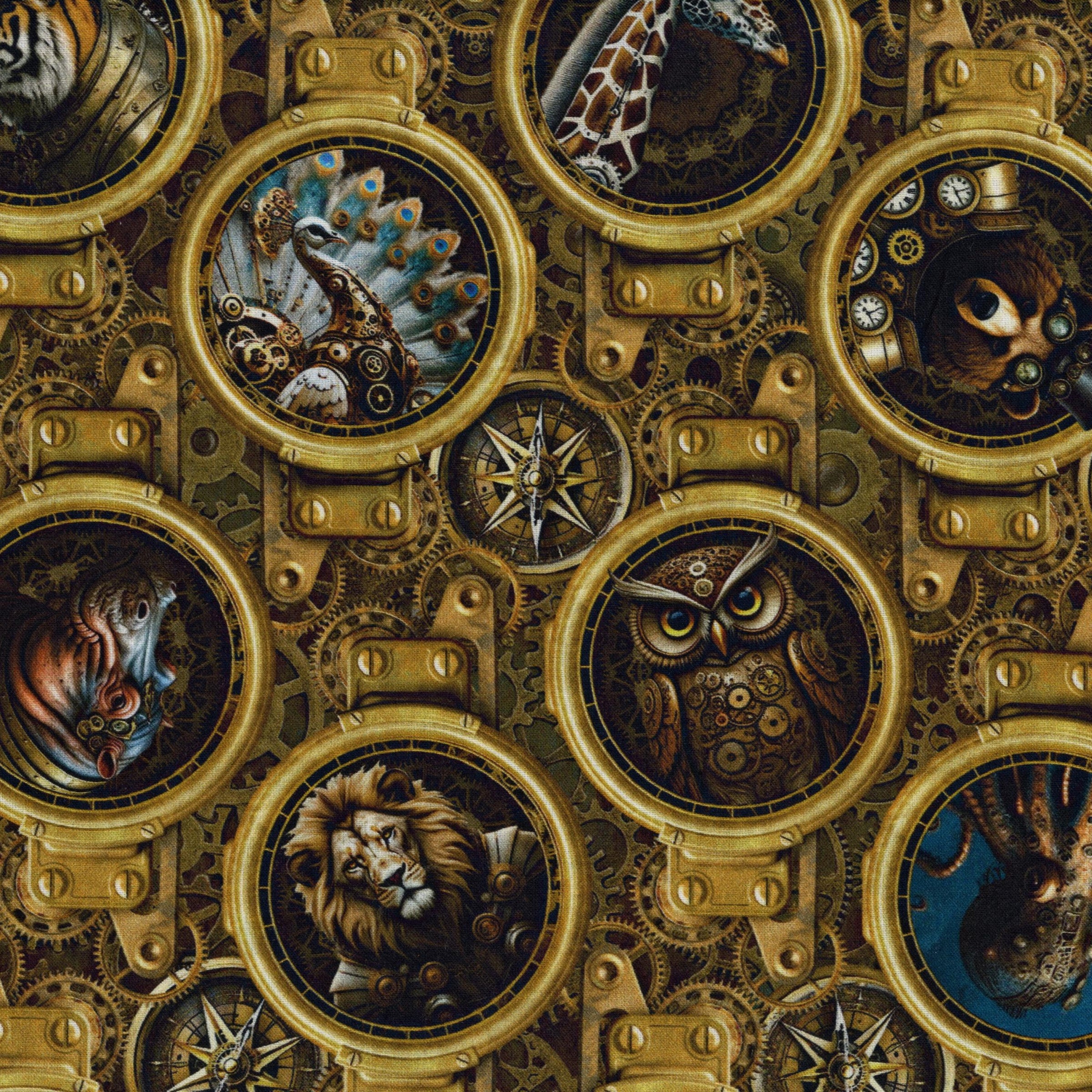 In The Beginning Fabrics - Steampunk Menagerie by Jason Yenter - Patchwork and Quilting Fabric from Brown's Craft Shed (Tags: Fabric animals Brown gears giraffe gold Jason Yenter lion mechanical novelty owl peacock steampunk Steampunk Menagerie wildlife )