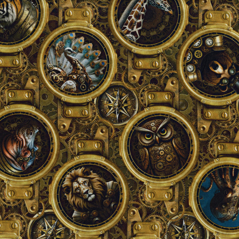 In The Beginning Fabrics - Steampunk Menagerie by Jason Yenter - Patchwork and Quilting Fabric from Brown's Craft Shed (Tags: Fabric animals Brown gears giraffe gold Jason Yenter lion mechanical novelty owl peacock steampunk Steampunk Menagerie wildlife )