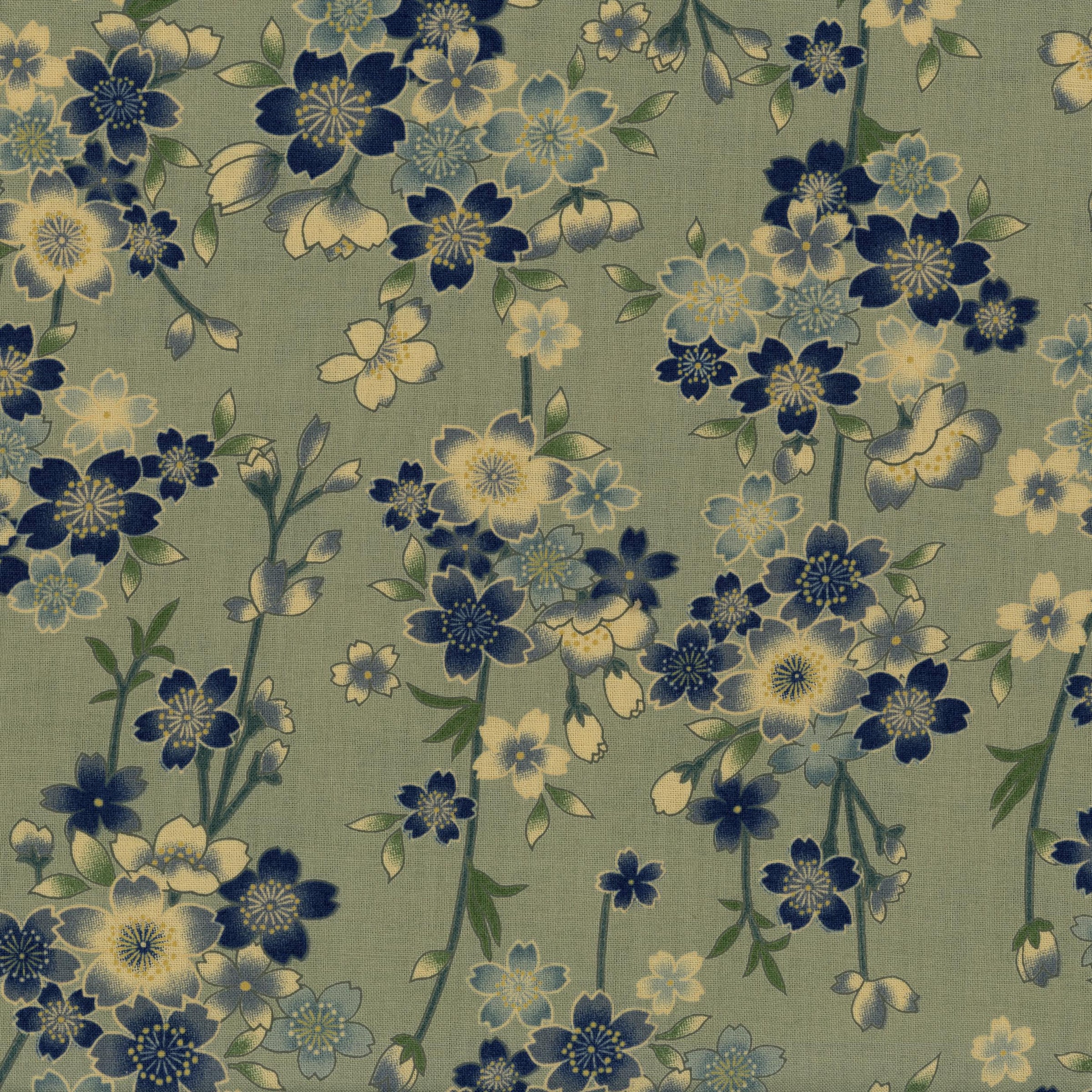 Nutex Akan - Patchwork and Quilting Fabric from Brown's Craft Shed (Tags: Fabric Akan blue cream elegant Floral flowers green Japanese inspired nature navy Nutex quilting cotton traditional )