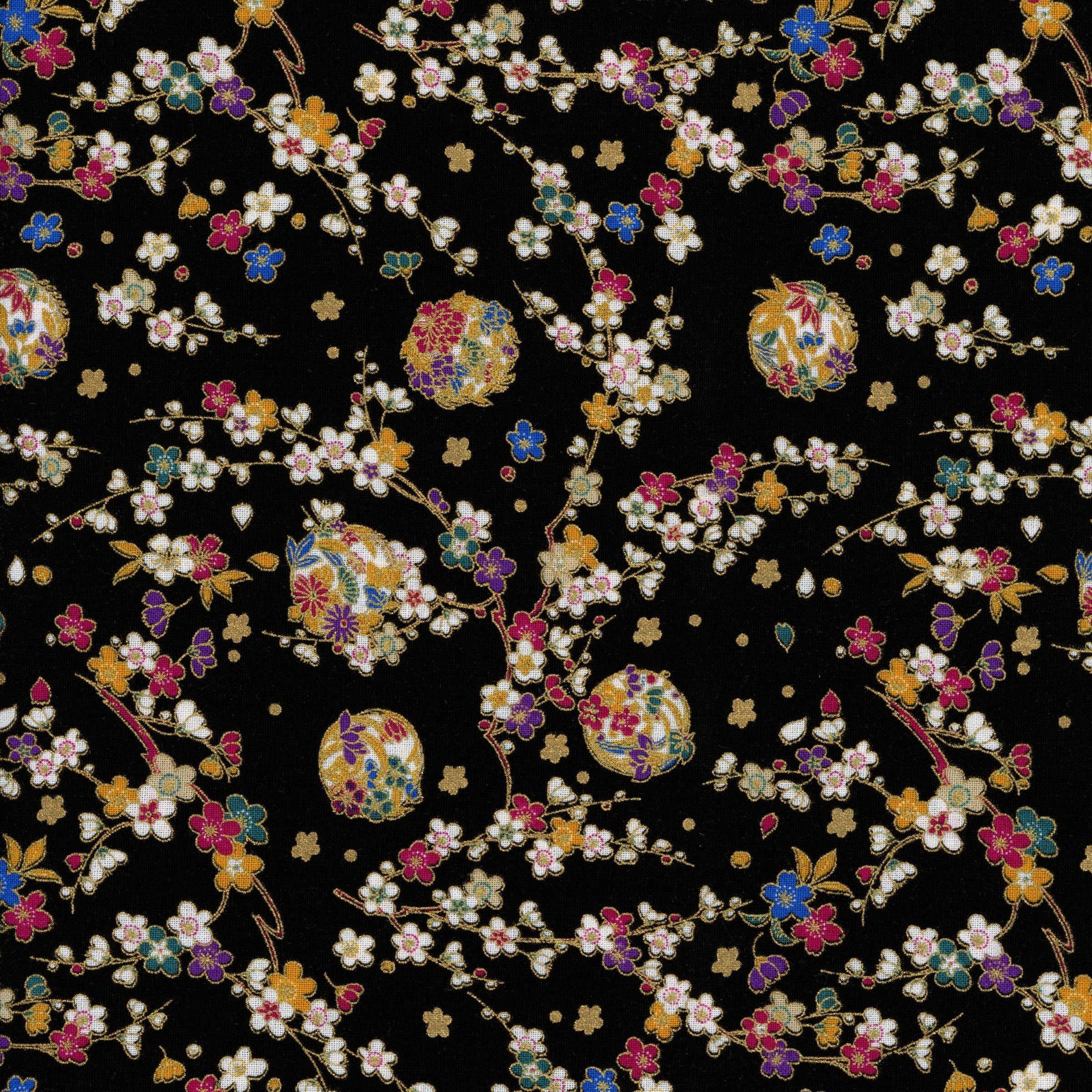 Nutex Edo (Black) - Patchwork and Quilting Fabric from Brown's Craft Shed (Tags: Fabric blossoms Edo elegant Floral flowers gold multi Nutex patterns traditional )