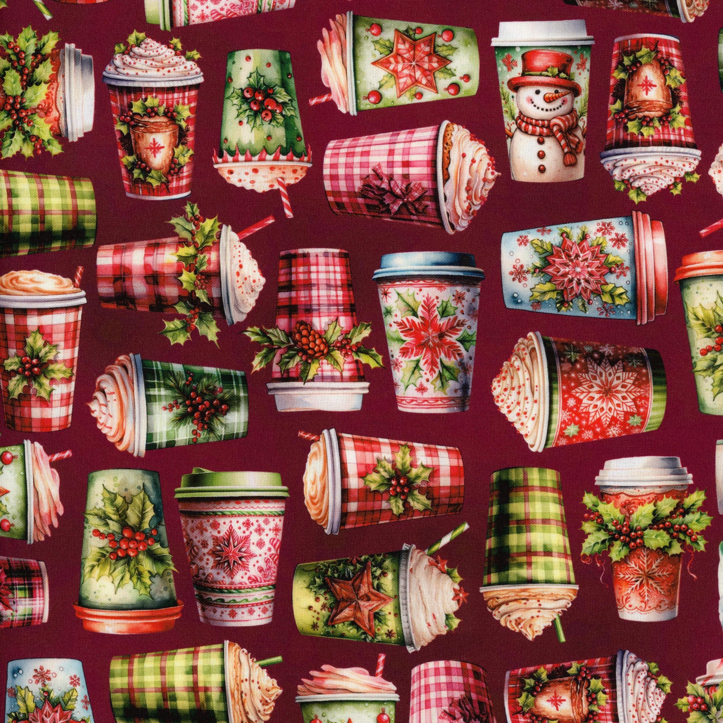 Robert Kaufman Frosted (Cups Red) - Patchwork and Quilting Fabric from Brown's Craft Shed (Tags: Fabric christmas festive green holly multi novelty plaid playful poinsettia red Robert Kaufman snowman whimsical )