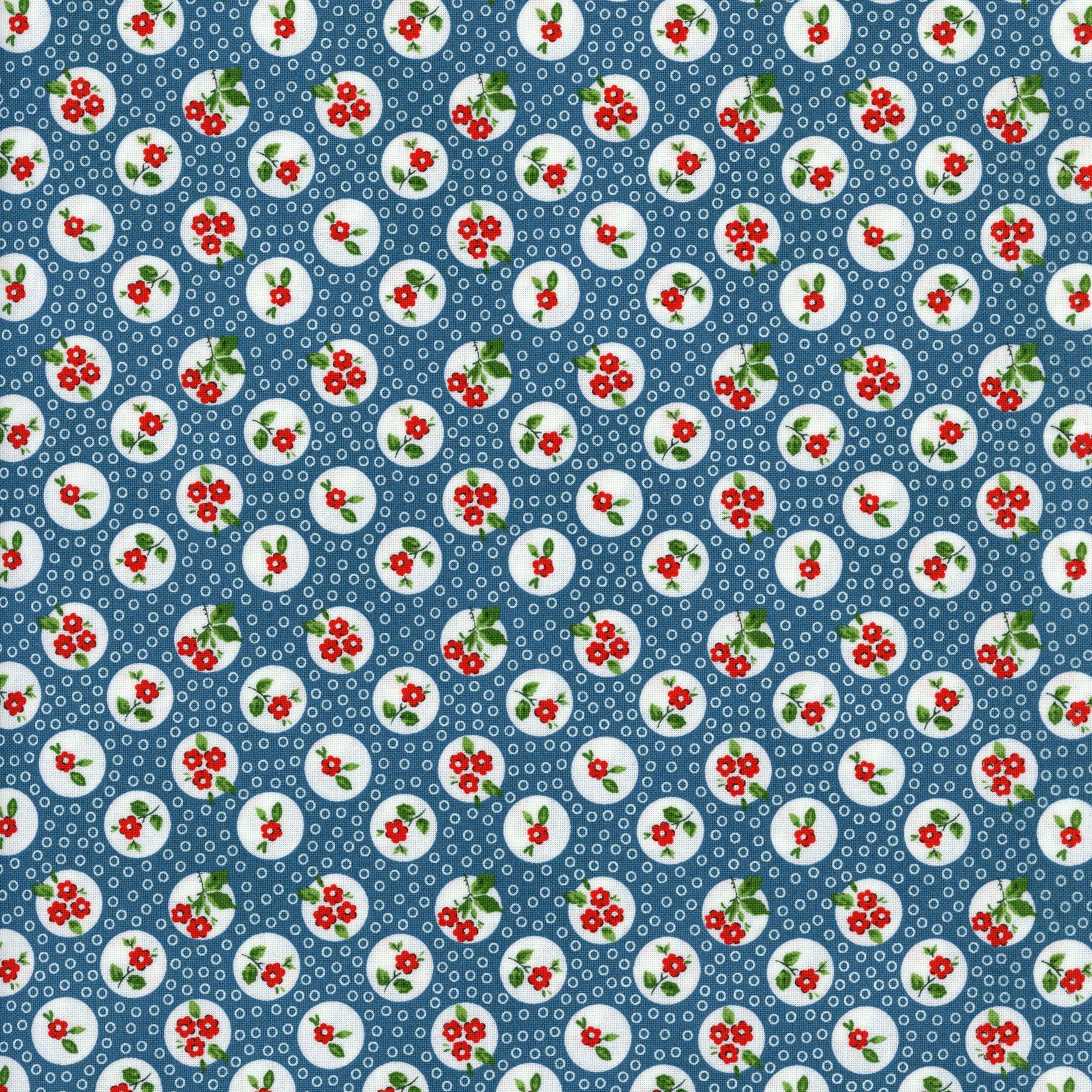 Melbourne Fabric - Flower Market by Poppie Cotton (Denim Blue) - Patchwork and Quilting Fabric from Brown's Craft Shed (Tags: Fabric blue Floral Flower Market flowers garden playful polka dots Poppie Cotton red Spots vintage whimsical white )