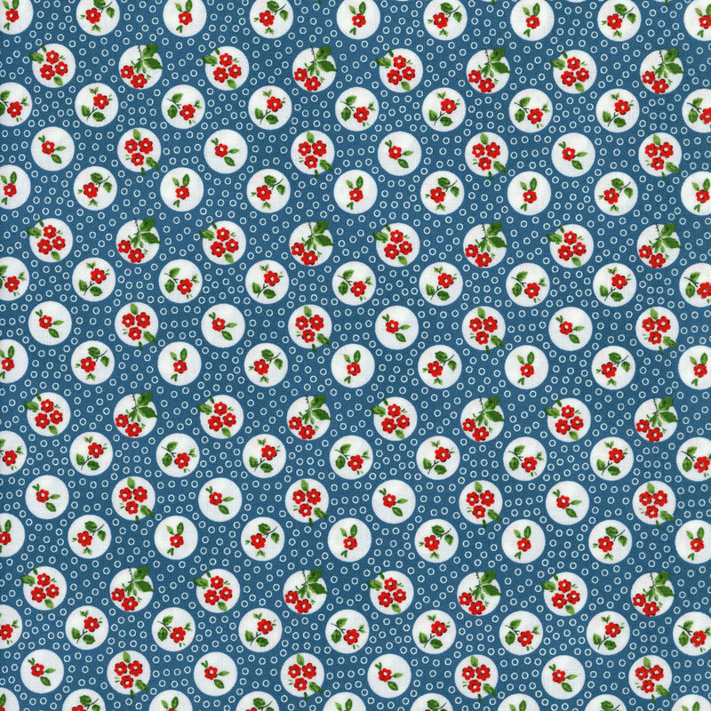 Melbourne Fabric - Flower Market by Poppie Cotton (Denim Blue) - Patchwork and Quilting Fabric from Brown's Craft Shed (Tags: Fabric blue Floral Flower Market flowers garden playful polka dots Poppie Cotton red Spots vintage whimsical white )