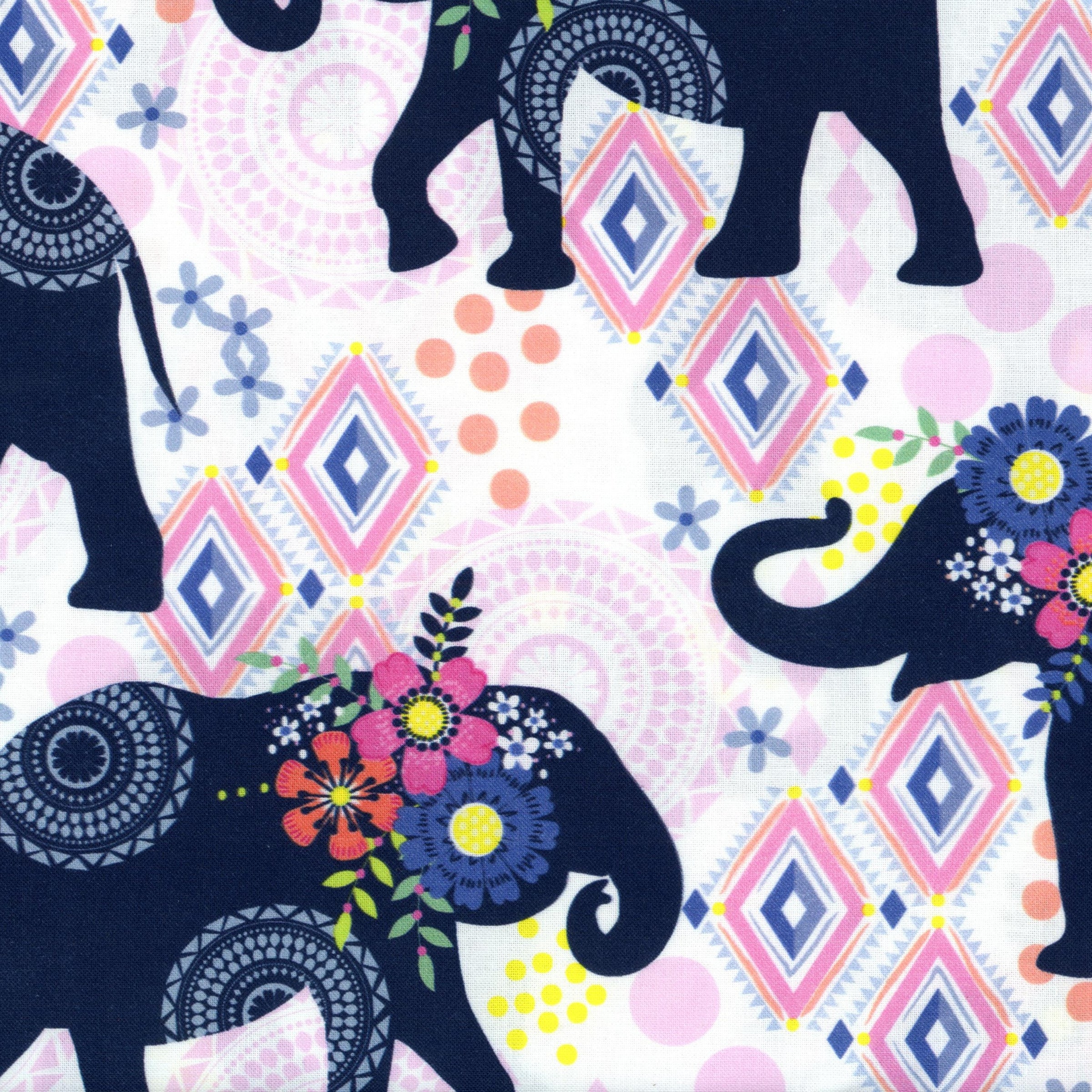 Michael Miller Fabrics - Trunk Show - Patchwork and Quilting Fabric from Brown's Craft Shed (Tags: Fabric animal animals blue children elephant Floral Geometric mandala Michael Miller multi navy pink playful Trunk Show whimsical )