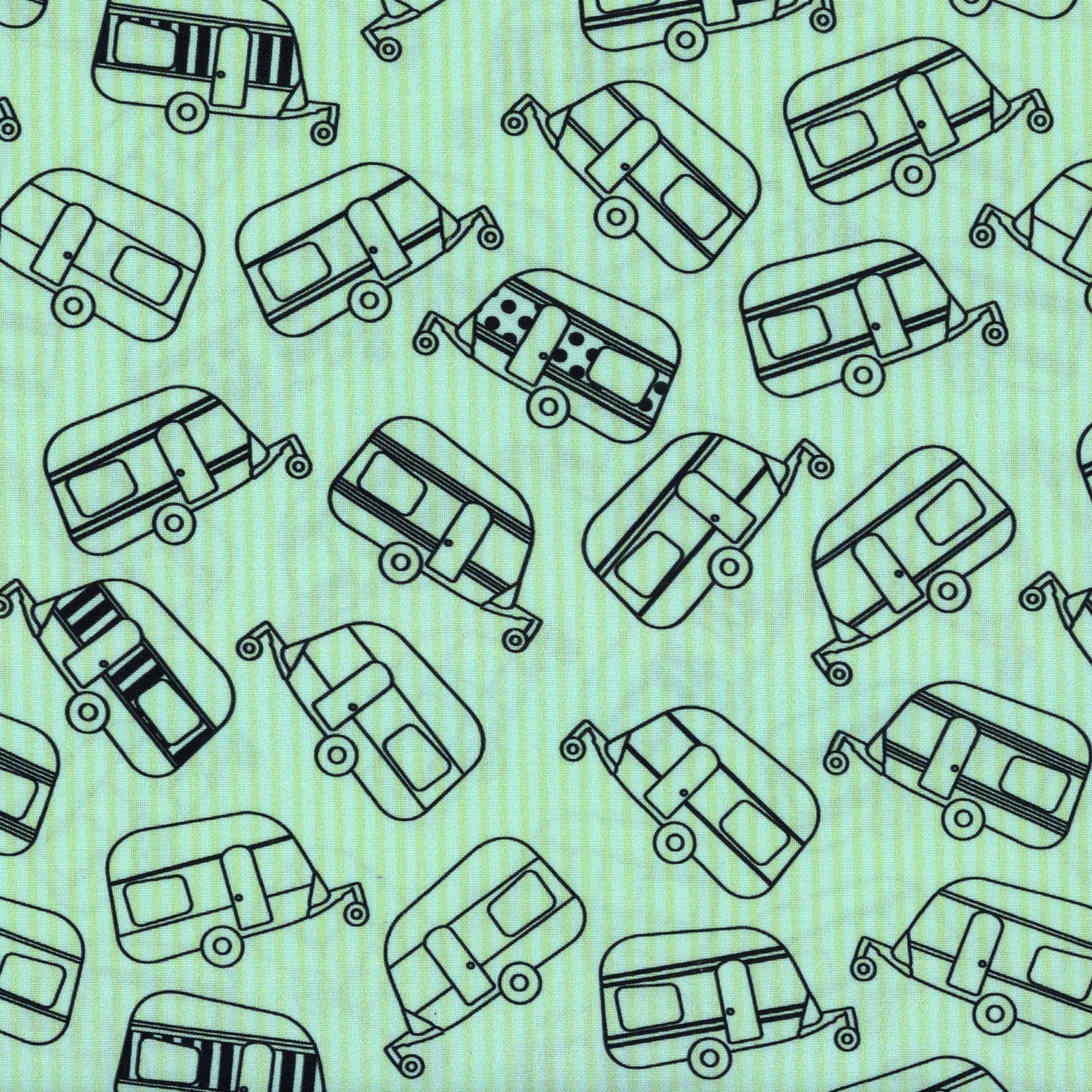 Stof Fabrics Happiest Little Camper - Patchwork and Quilting Fabric from Brown's Craft Shed (Tags: Fabric camper caravans green Happiest Little Camper holiday line art mint novelty playful Stof Fabrics travel whimsical )