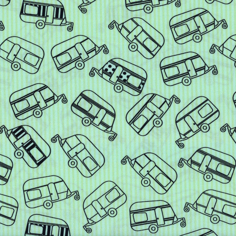 Stof Fabrics Happiest Little Camper - Patchwork and Quilting Fabric from Brown's Craft Shed (Tags: Fabric camper caravans green Happiest Little Camper holiday line art mint novelty playful Stof Fabrics travel whimsical )