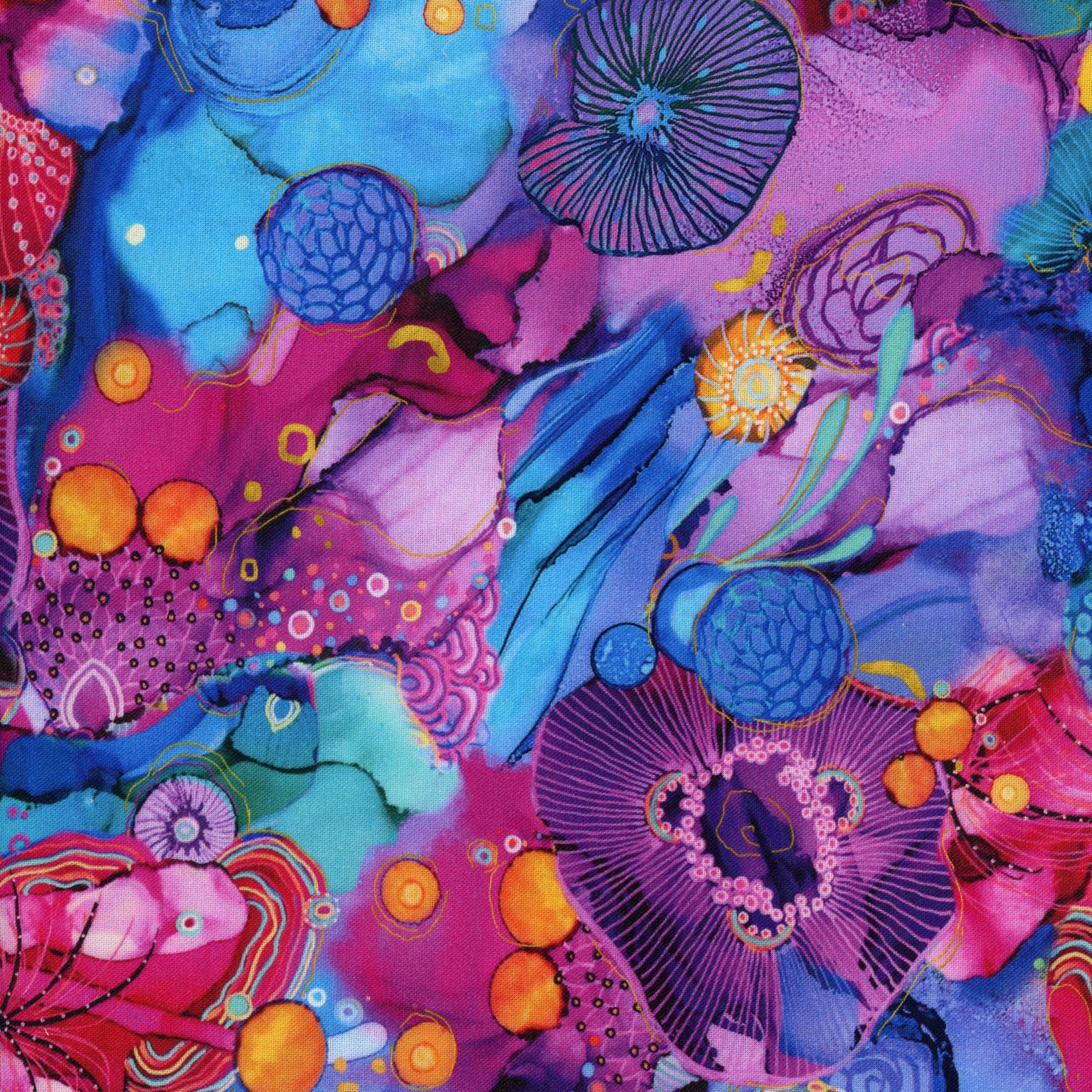 P&B Textiles: Painted Under the Sea Allover - Patchwork and Quilting Fabric from Brown's Craft Shed (Tags: Fabric abstract artistic blue bold modern multi ocean P&B Textiles pink purple teal under the sea watercolour )