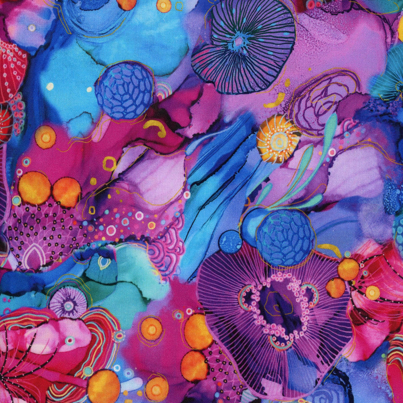 P&B Textiles: Painted Under the Sea Allover - Patchwork and Quilting Fabric from Brown's Craft Shed (Tags: Fabric abstract artistic blue bold modern multi ocean P&B Textiles pink purple teal under the sea watercolour )