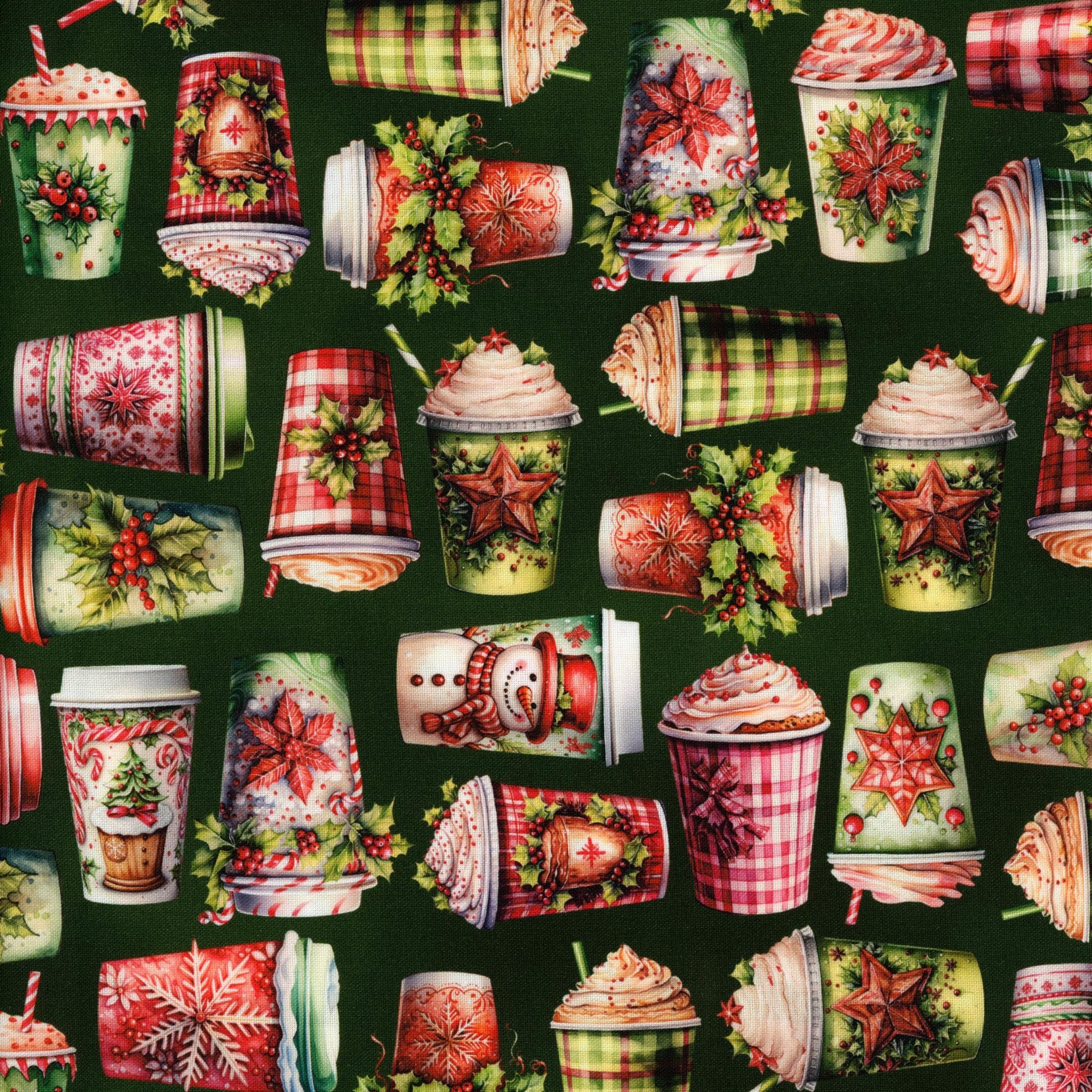 Robert Kaufman Frosted (Cups Green) - Patchwork and Quilting Fabric from Brown's Craft Shed (Tags: Fabric christmas festive green holly multi novelty plaid playful poinsettia red Robert Kaufman snowman whimsical )