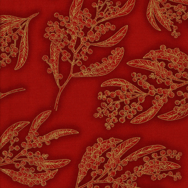 Robert Kaufman Leesa Chandler Under the Australian Sun - Patchwork and Quilting Fabric from Brown's Craft Shed (Tags: Fabric christmas garden gold Leesa Chandler metallic nature plants quilting red Robert Kaufman Under the Australian Sun wattle )