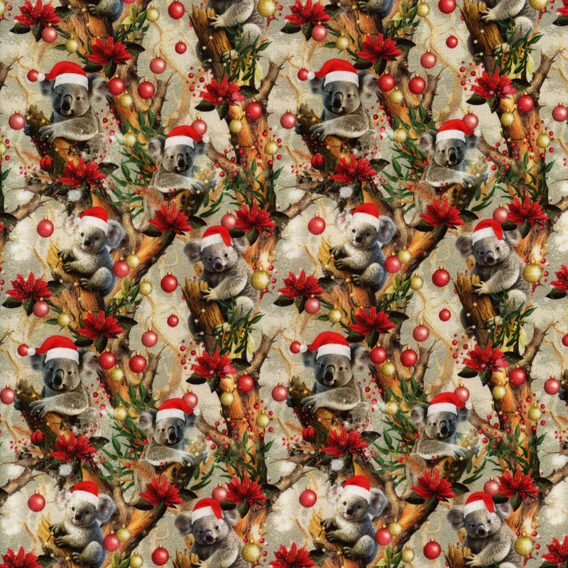 KK Fabrics Milvale Design Studio Festive Friends Koalas - Patchwork and Quilting Fabric from Brown's Craft Shed (Tags: Fabric animals christmas cream festive green holiday KK Fabrics koala Milvale Design Studio native nature novelty red whimsical wildlife )