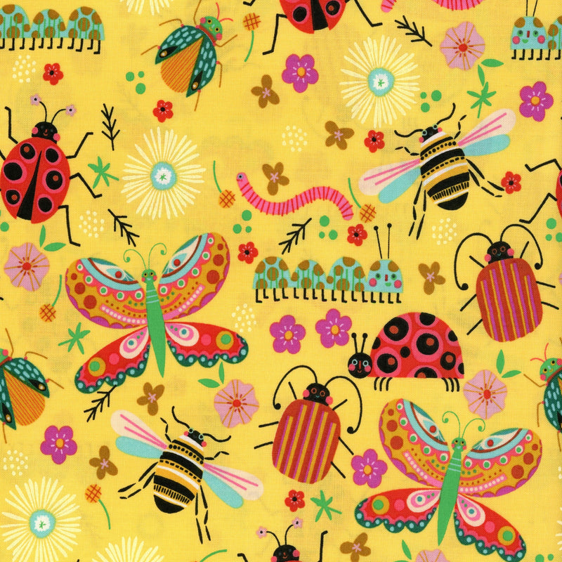 Poppie Cotton - Hey Love Bug by McKenzie Elston (Bugs) - Patchwork and Quilting Fabric from Brown's Craft Shed (Tags: Fabric bee bug butterfly Floral green Hey Love Bug insects ladybird McKenzie Elston pink Poppie Cotton red whimsical )