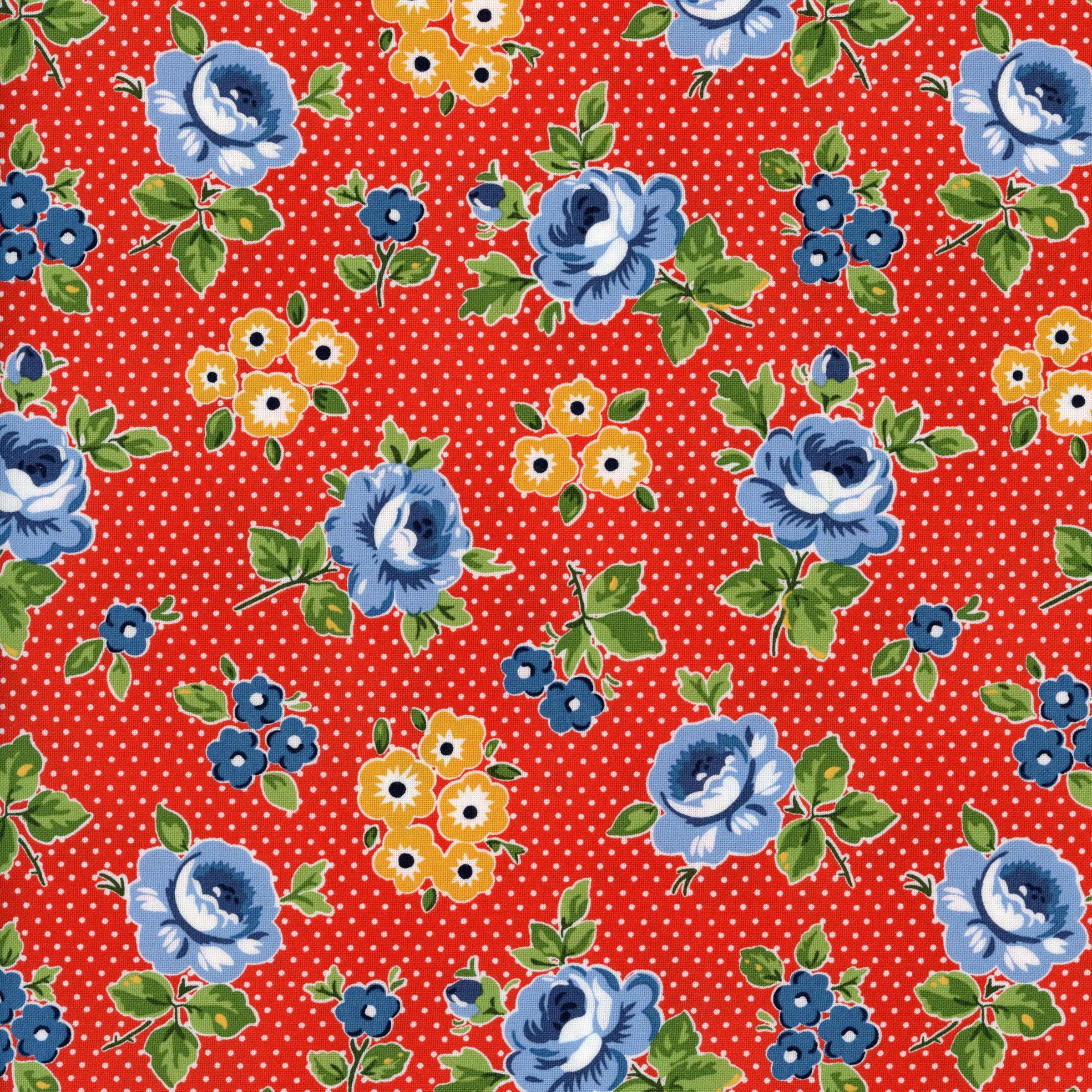 Melbourne Fabric - Flower Market by Poppie Cotton (Red Large) - Patchwork and Quilting Fabric from Brown's Craft Shed (Tags: Fabric blue Floral Flower Market flowers garden green polka dots Poppie Cotton red Spots vintage whimsical )