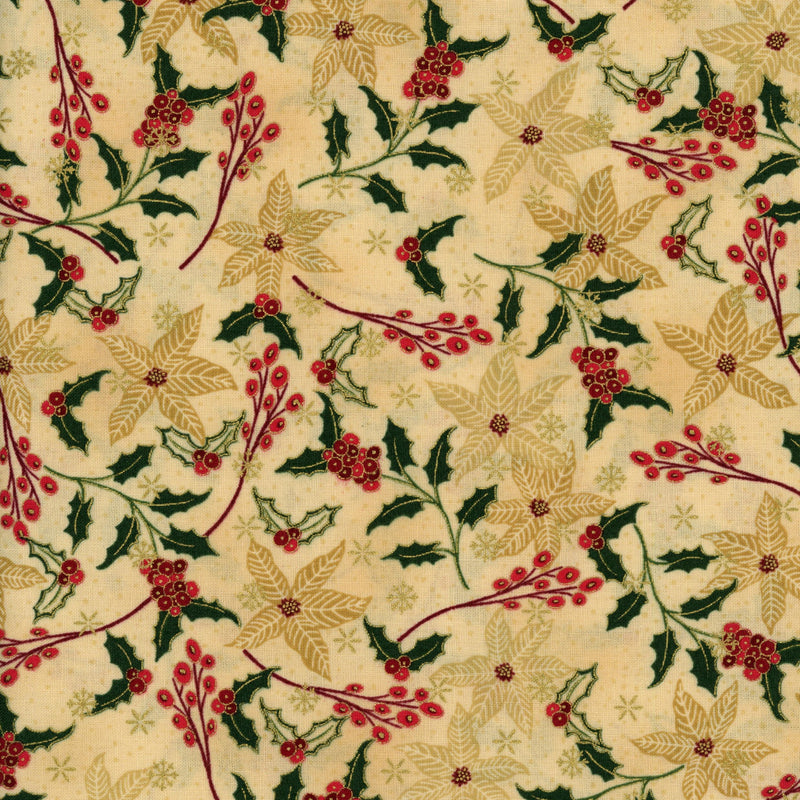 Stof Fabrics We Love Christmas - Golden Poinsettia & Holly - Patchwork and Quilting Fabric from Brown's Craft Shed (Tags: Fabric christmas cream festive Floral gold green holiday patterns plants red seasonal vines )