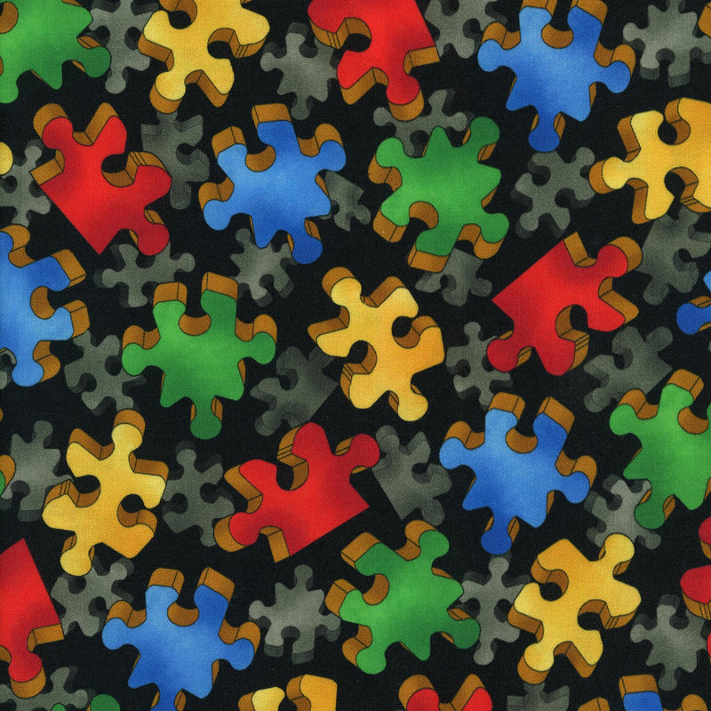 QT Fabrics This & That Puzzle Pieces - Patchwork and Quilting Fabric from Brown's Craft Shed (Tags: Fabric bold children educational multi novelty patterns playful puzzle QT Fabrics )