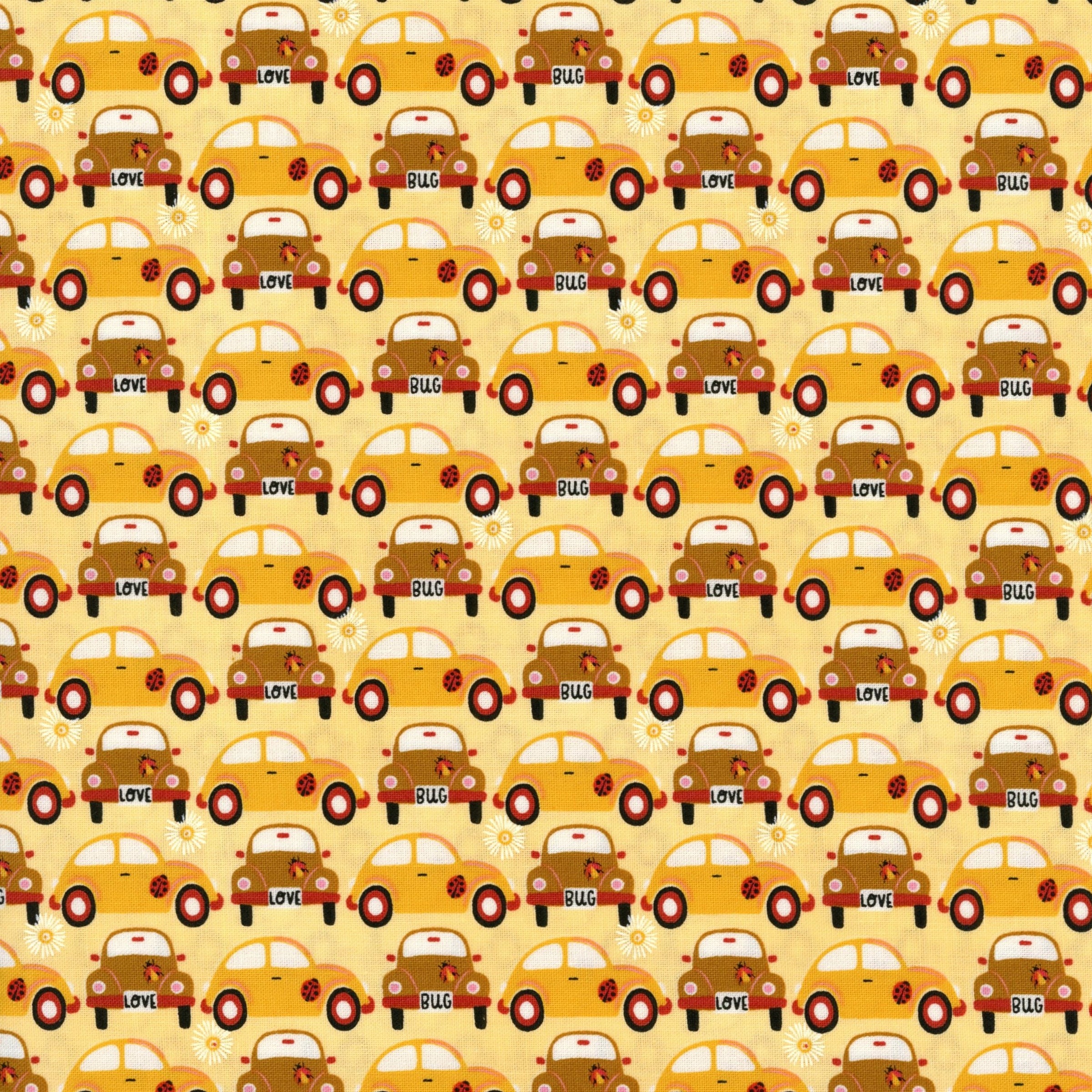 Poppie Cotton - Hey Love Bug by McKenzie Elston (Beep Beep) - Patchwork and Quilting Fabric from Brown's Craft Shed (Tags: Fabric Brown cars children daisy ladybird McKenzie Elston novelty playful Poppie Cotton red spring whimsical )