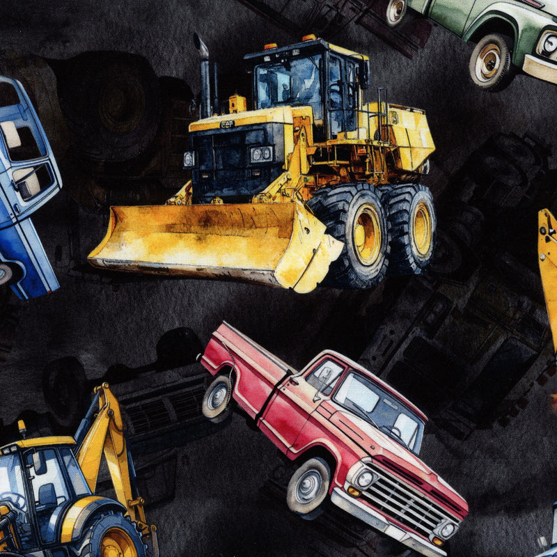 Hoffman Fabrics - Hammer Down (Black) - Patchwork and Quilting Fabric from Brown's Craft Shed (Tags: Fabric Black blue children construction Hammer Down Hoffman Fabrics machinery novelty playful red trucks vehicles )