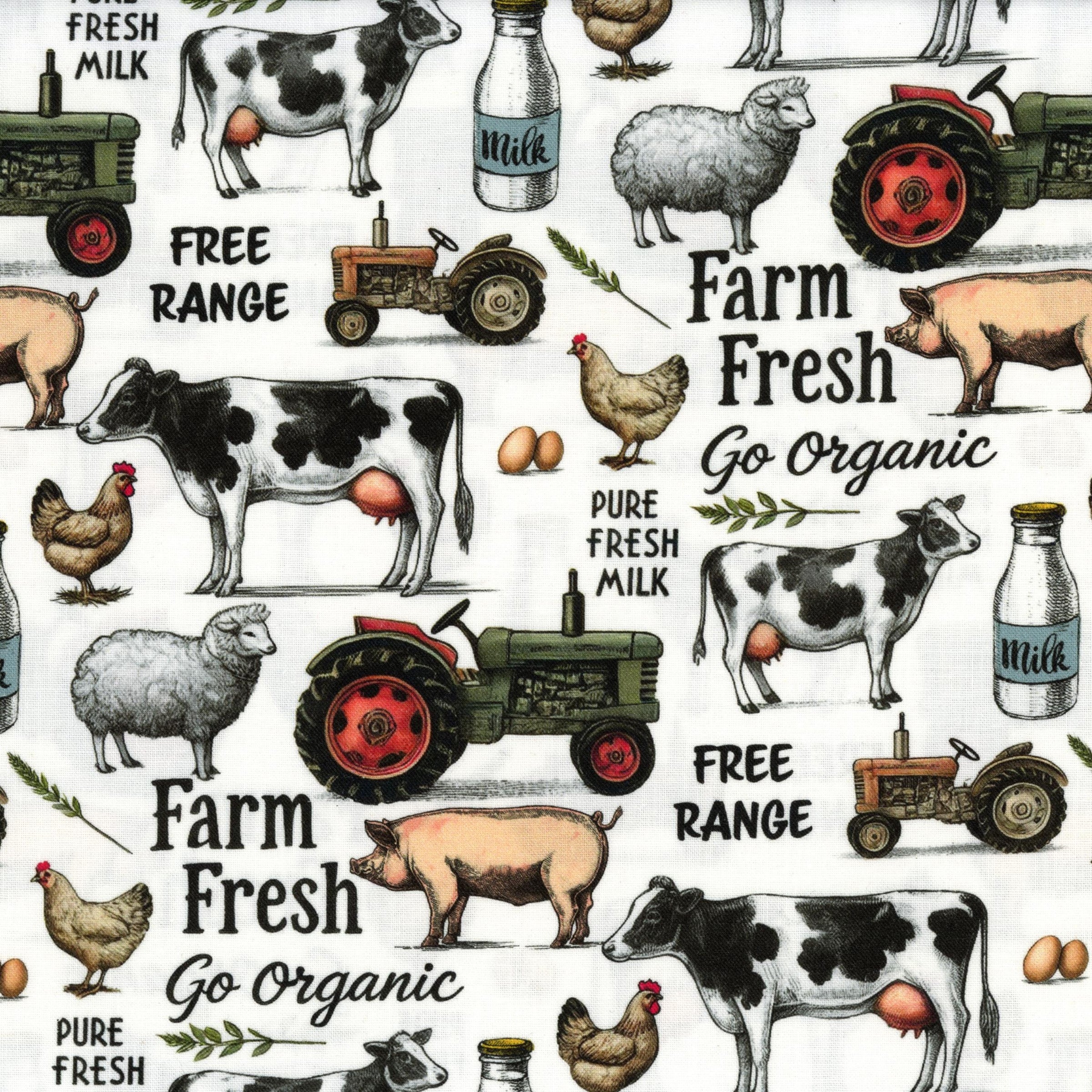 Nutex Farmyard by Ned Barraud - Patchwork and Quilting Fabric from Brown's Craft Shed (Tags: Fabric animal animals chicken children cow cream Farmyard Ned Barraud novelty Nutex pig playful rural sheep tractor )