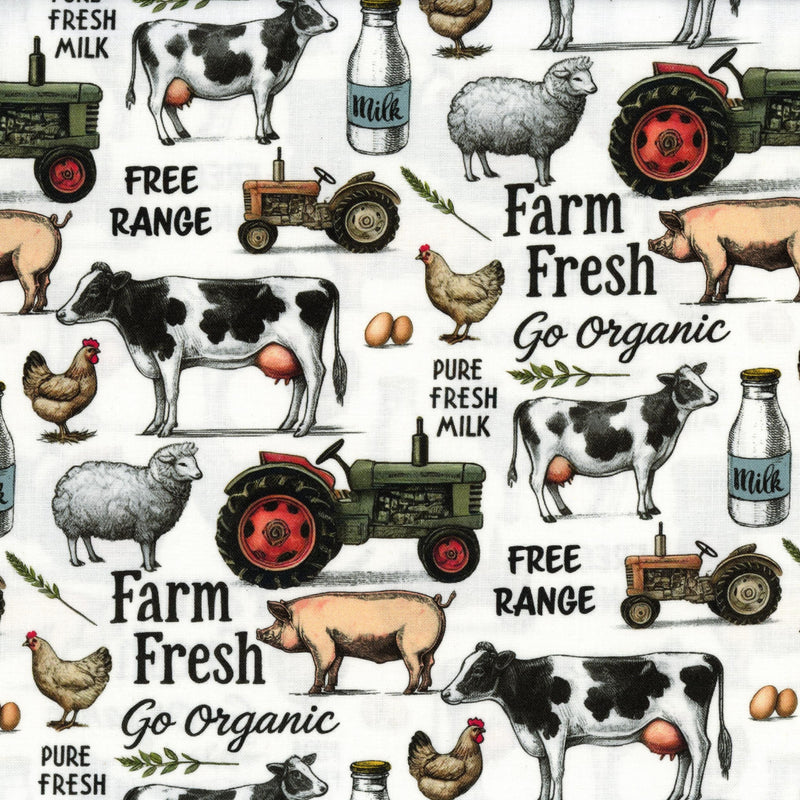 Nutex Farmyard by Ned Barraud - Patchwork and Quilting Fabric from Brown's Craft Shed (Tags: Fabric animal animals chicken children cow cream Farmyard Ned Barraud novelty Nutex pig playful rural sheep tractor )