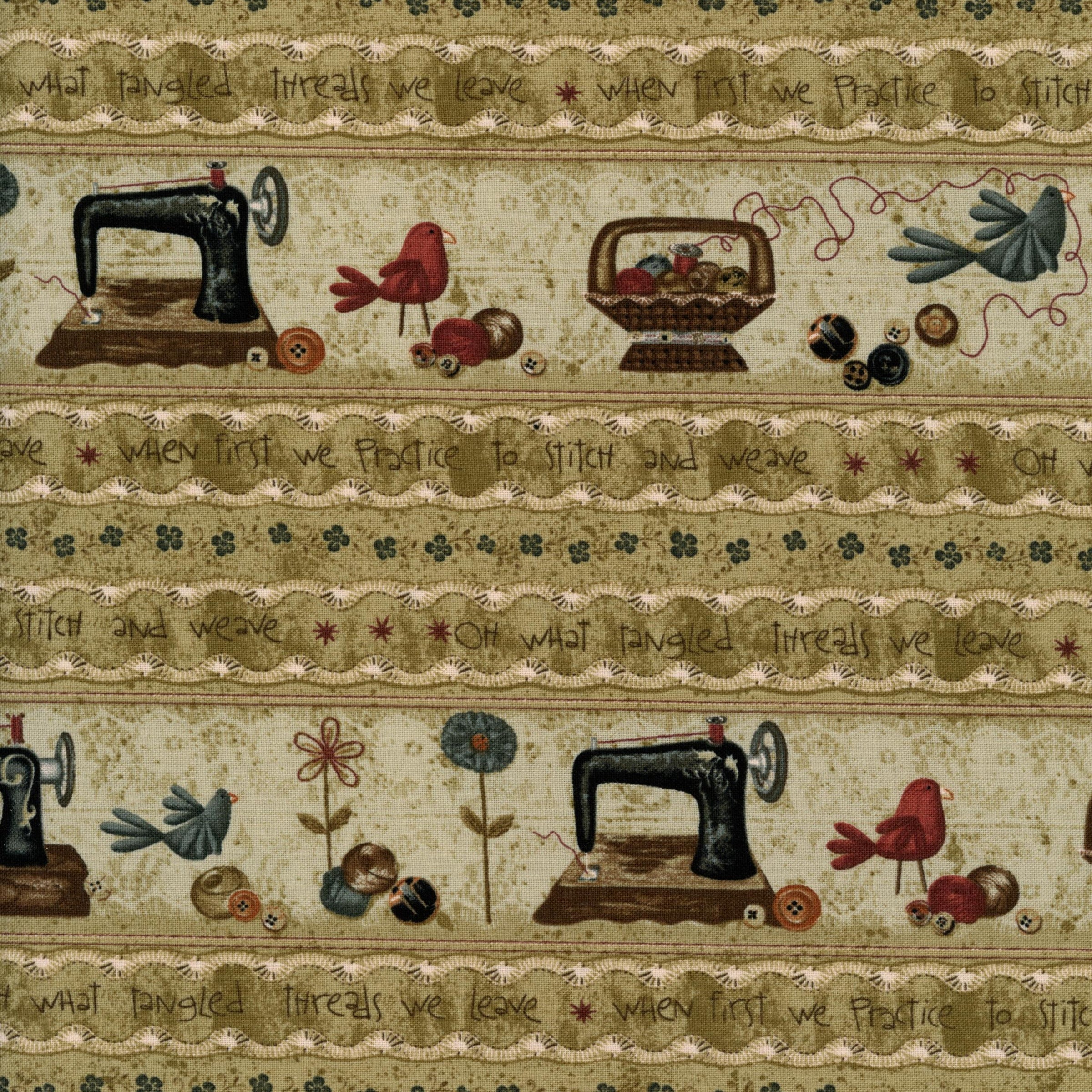 Red Rooster Fabrics - Tangled Threads by Terri Degenkolb - Patchwork and Quilting Fabric from Brown's Craft Shed (Tags: Fabric birds buttons country style cream green Red Rooster Fabrics sewing machine sewing theme stripe Tangled Threads Terri Degenkolb vintage whimsical )