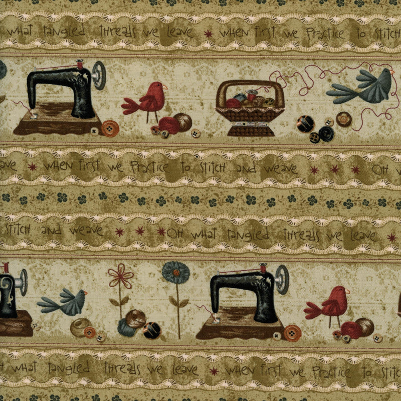 Red Rooster Fabrics - Tangled Threads by Terri Degenkolb - Patchwork and Quilting Fabric from Brown's Craft Shed (Tags: Fabric birds buttons country style cream green Red Rooster Fabrics sewing machine sewing theme stripe Tangled Threads Terri Degenkolb vintage whimsical )