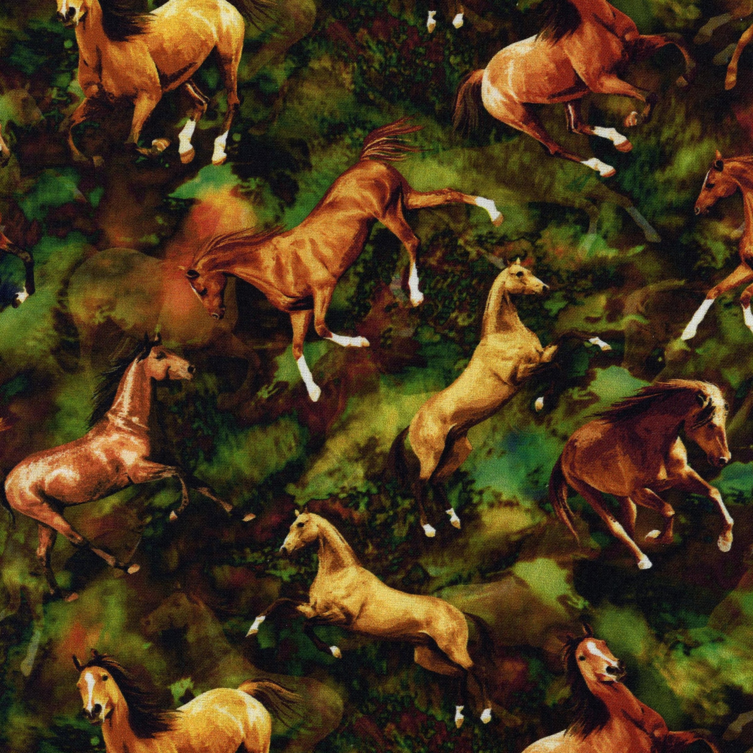 Oasis Fabrics - Cattle Drive Wild Horse - Patchwork and Quilting Fabric from Brown's Craft Shed (Tags: Fabric animal animals Brown Cattle Drive country green horses nature novelty Oasis Fabrics rural rustic Western wildlife )