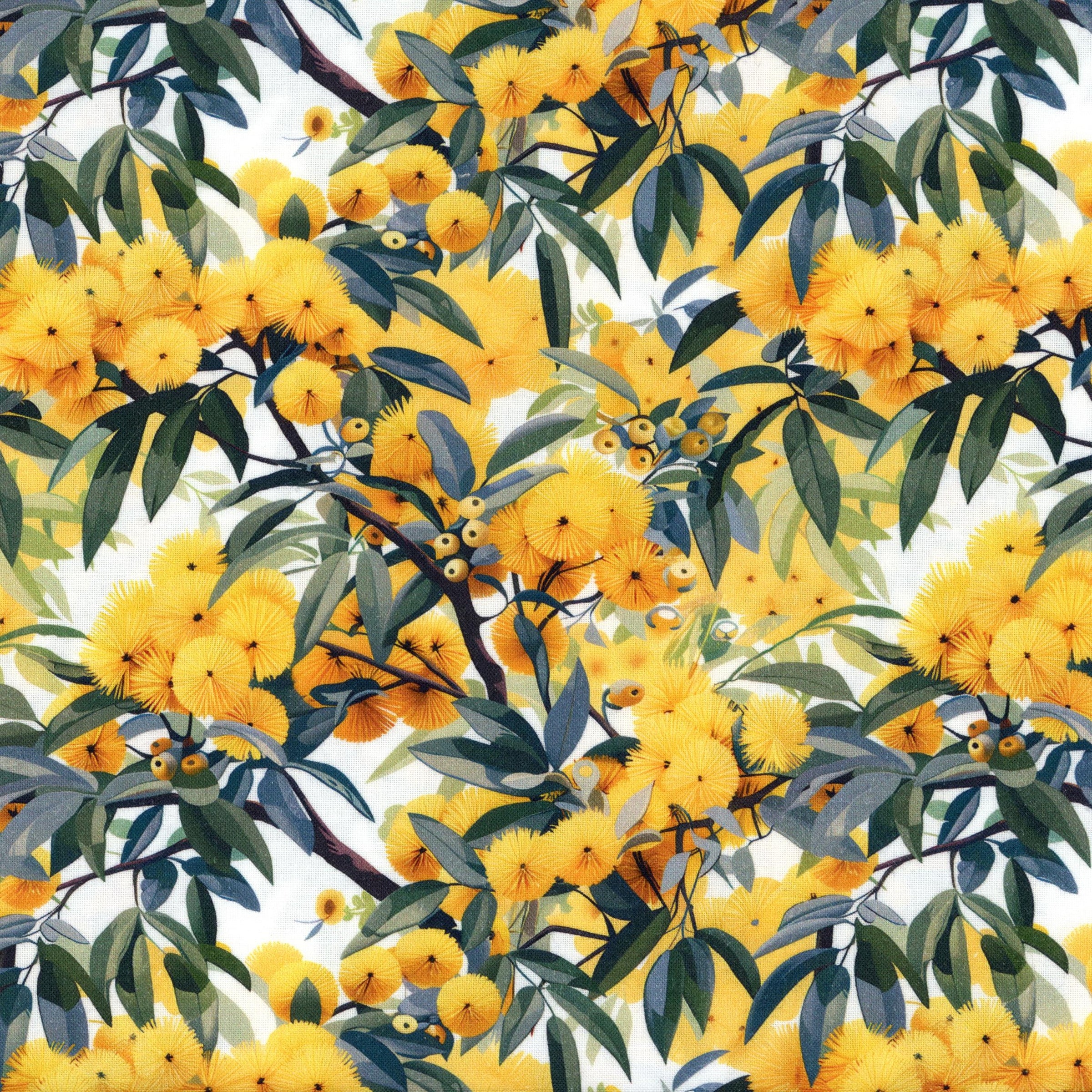 Devonstone Collection - Nora's Natives Wattle (White) - Patchwork and Quilting Fabric from Brown's Craft Shed (Tags: Fabric botanical bright Devonstone Collection flowers garden multi nature Nora's Natives plants wattle white )