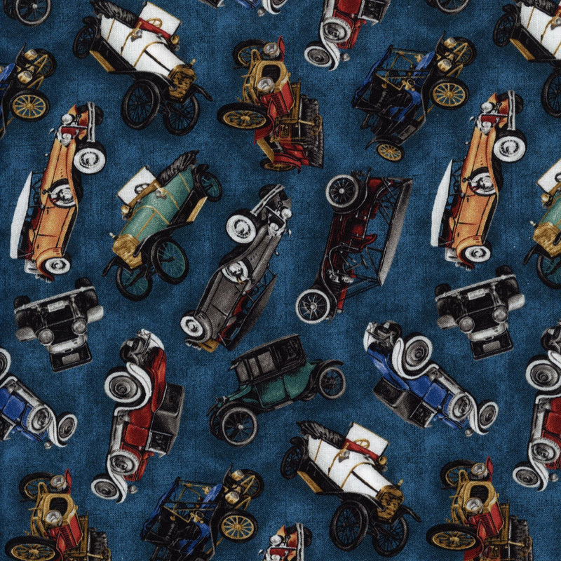 Robert Kaufman On the Road (Indigo) - Patchwork and Quilting Fabric from Brown's Craft Shed (Tags: Fabric blue cars indigo novelty patterns playful Robert Kaufman transport vehicles vintage )
