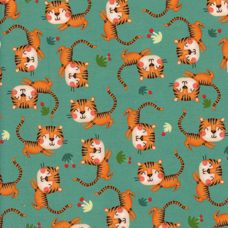 KK Fabrics - Tiger by the Tail - Patchwork and Quilting Fabric from Brown's Craft Shed (Tags: Fabric animals children cute fabric green jungle KK Fabrics multi novelty orange patchwork playful quilting teal tiger whimsical )