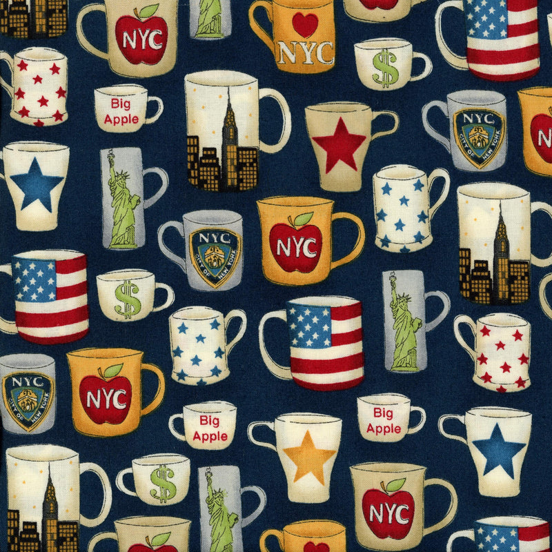 Makower UK's The Henley Studio - NYC Mugs - Patchwork and Quilting Fabric from Brown's Craft Shed (Tags: Fabric Big Apple blue city coffee cream mug navy New York novelty patterns playful red souvenir travel urban whimsical white Yellow )