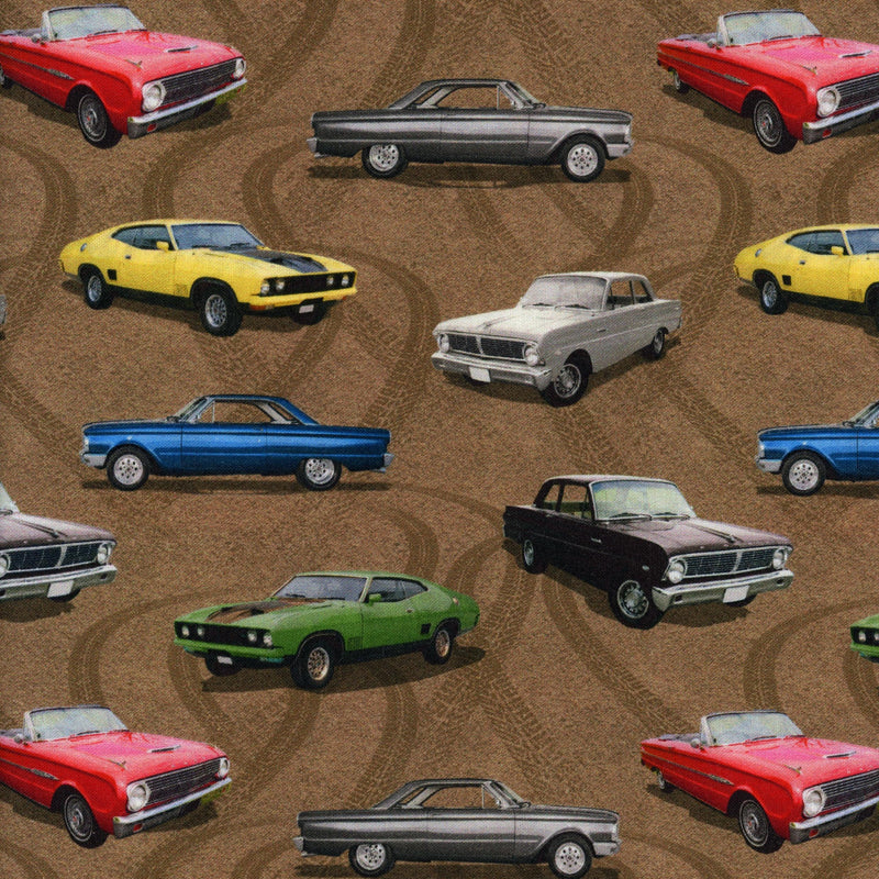 Kennard & Kennard Vintage Vehicles by Milvale Design Studio - Classic Cars on Brown - Patchwork and Quilting Fabric from Brown's Craft Shed (Tags: Fabric cars children craft novelty patterns playful quilting transport vehicles vintage )