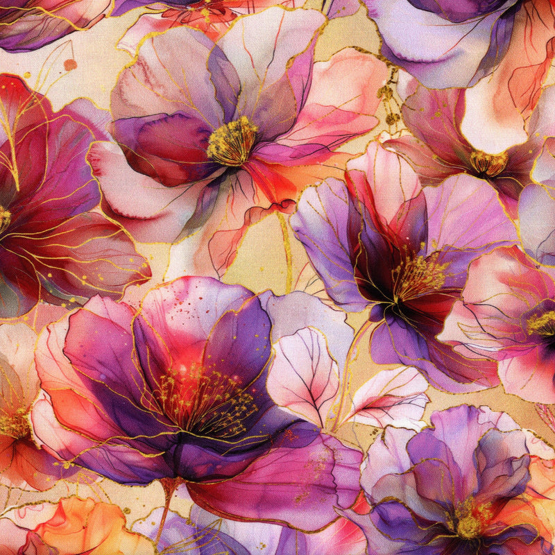 Hoffman Fabrics - Flourish (Mimosa) - Patchwork and Quilting Fabric from Brown's Craft Shed (Tags: Fabric alcohol ink Floral Flourish flowers garden gold Hoffman Fabrics metallic Mimosa multi orange pink purple vibrant watercolour )