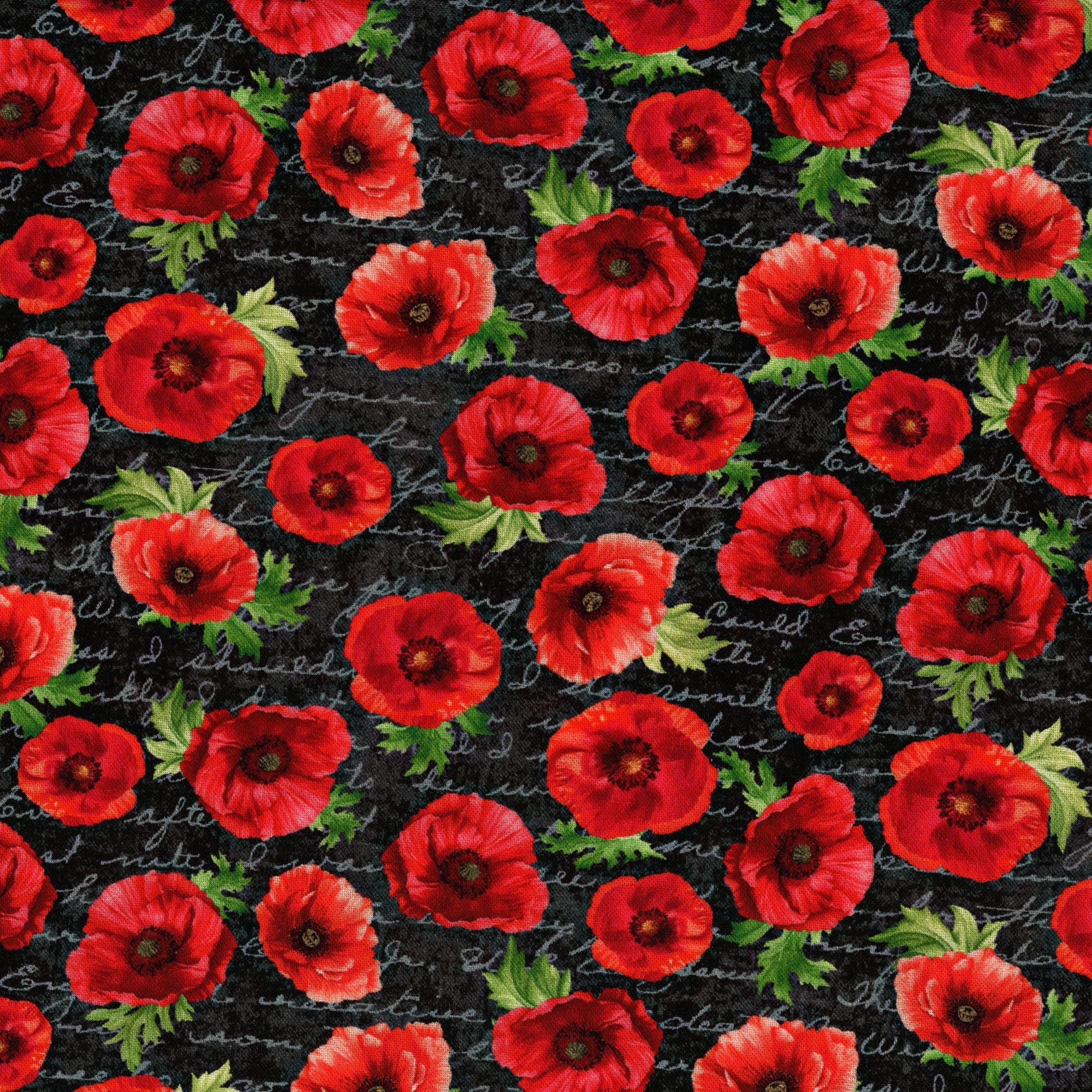 Timeless Treasures Poppy Black - Patchwork and Quilting Fabric from Brown's Craft Shed (Tags: Fabric Black bold Floral flowers garden green nature poppy red remembrance script Timeless Treasures vintage )