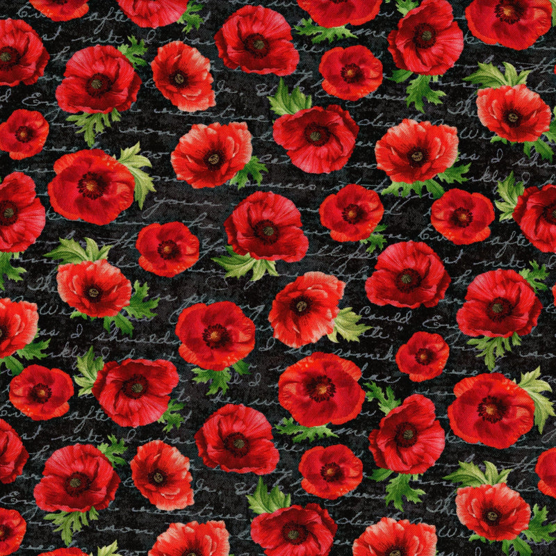 Timeless Treasures Poppy Black - Patchwork and Quilting Fabric from Brown's Craft Shed (Tags: Fabric Black bold Floral flowers garden green nature poppy red remembrance script Timeless Treasures vintage )